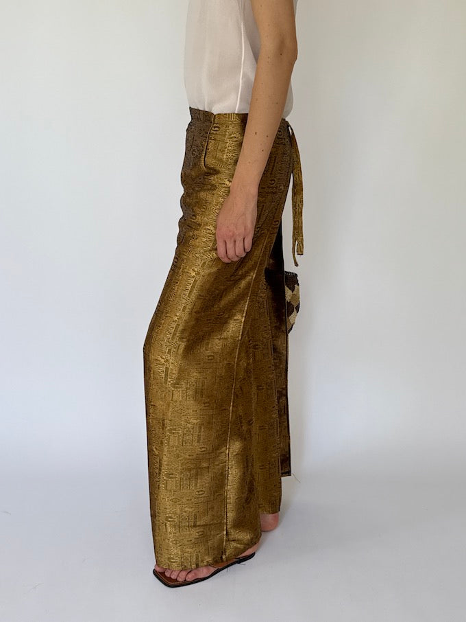 Vintage brocade Waist-Tie Wrap Pants gold 8200