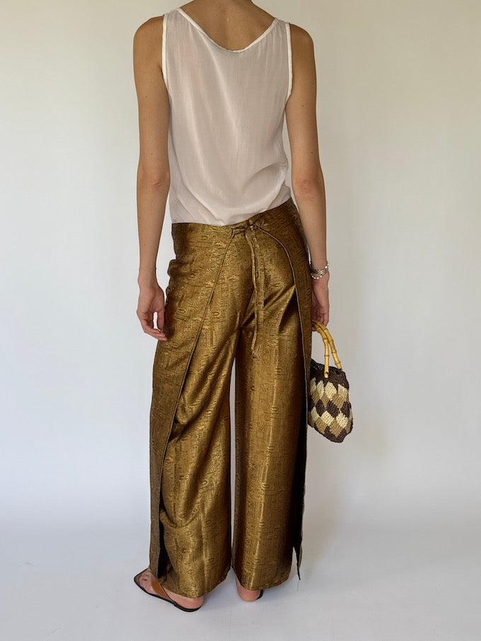 Vintage brocade Waist-Tie Wrap Pants gold 8200