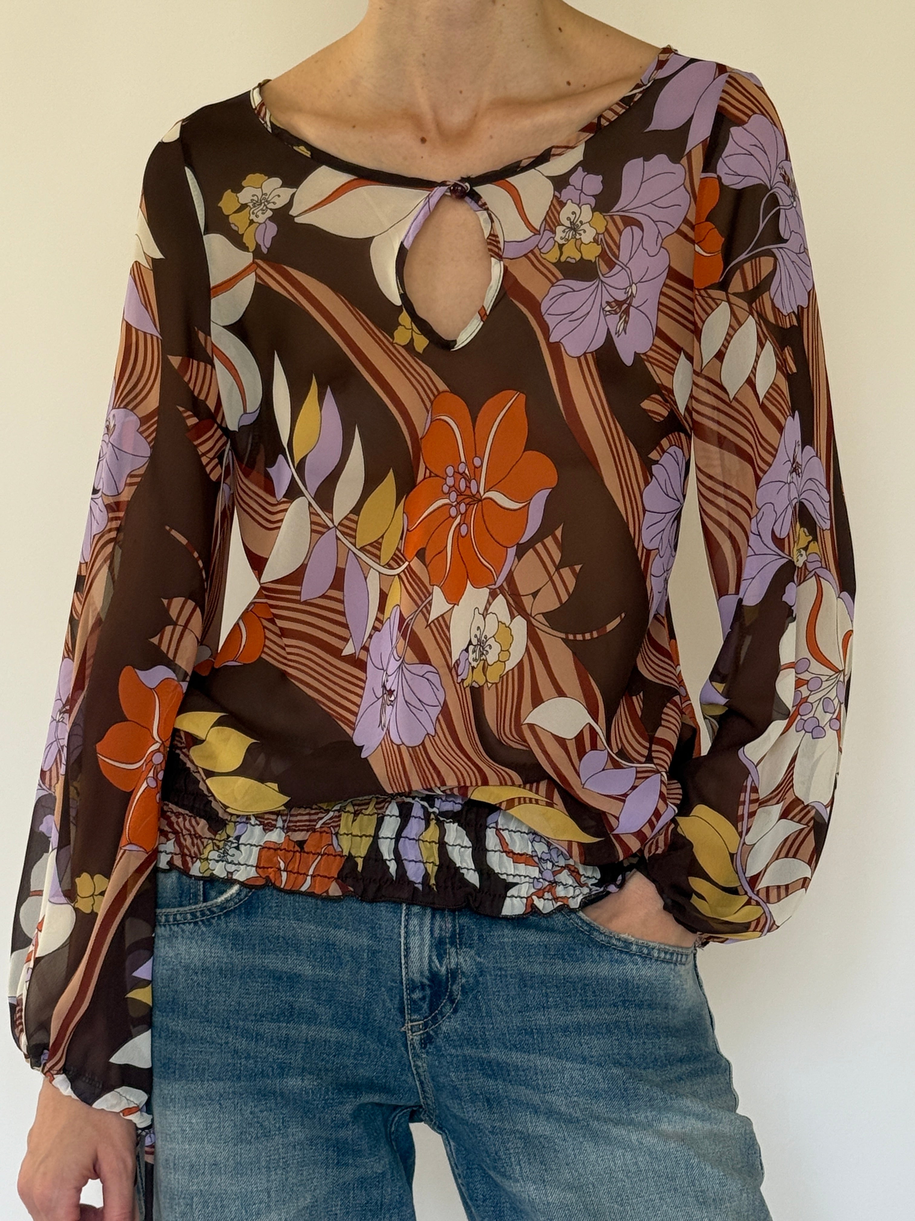 Vintage sheer floral peasant blouse front view