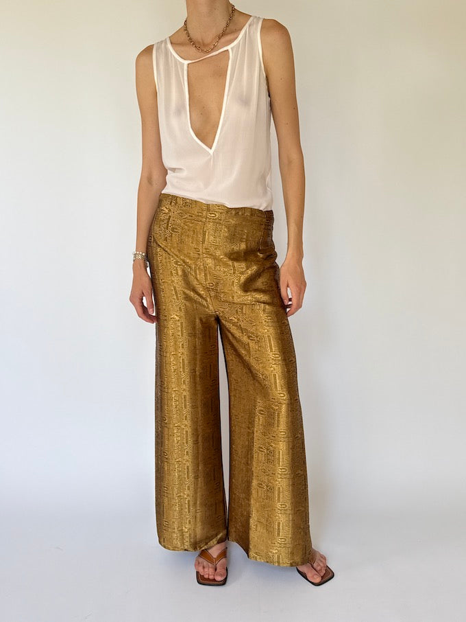 Vintage brocade Waist-Tie Wrap Pants gold 8200
