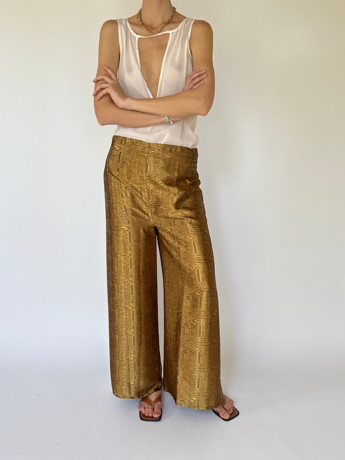 Vintage brocade Waist-Tie Wrap Pants gold 8200