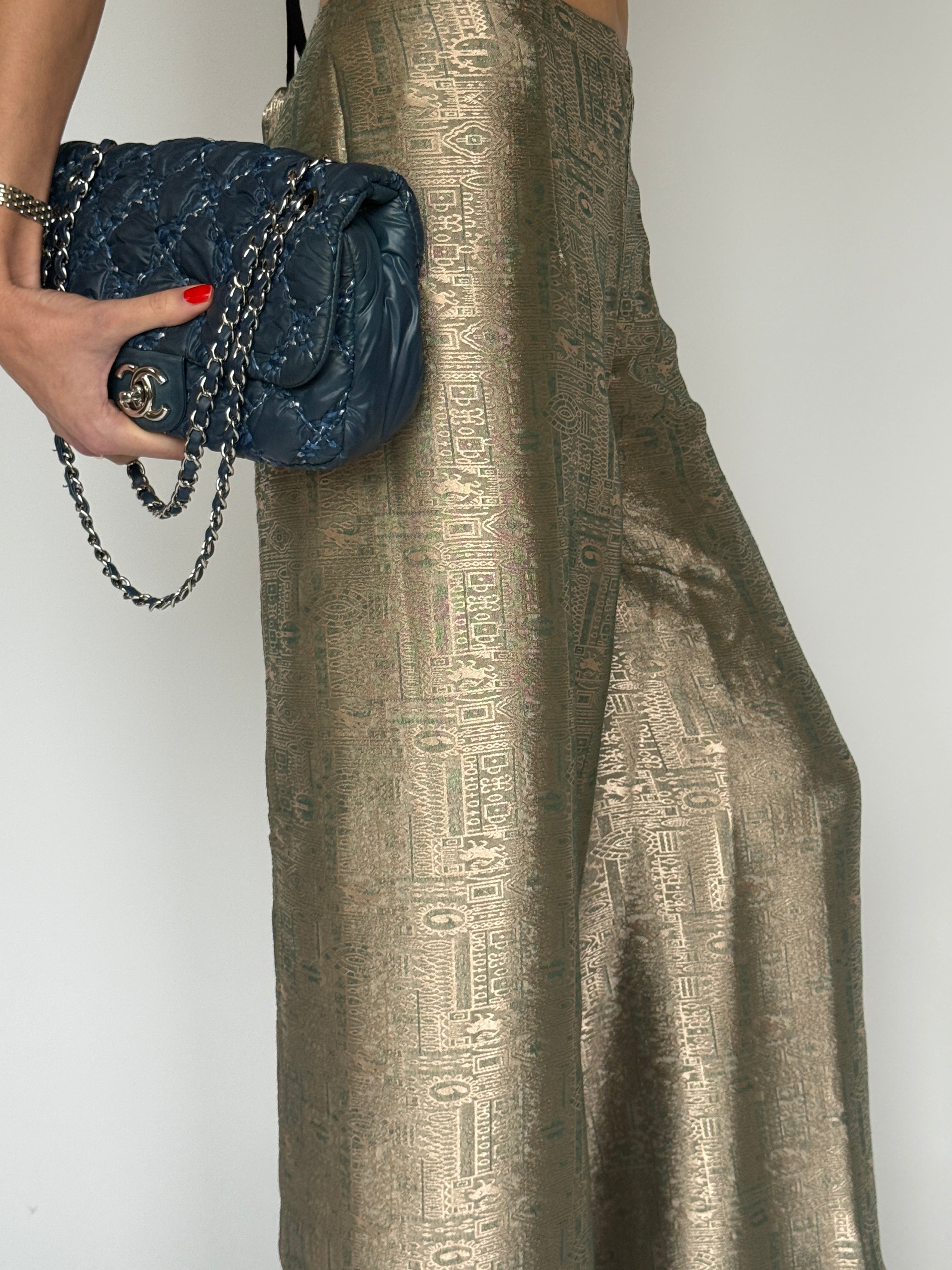 Vintage Jacquard Wide-Leg Wrap Trousers Metallic 7103