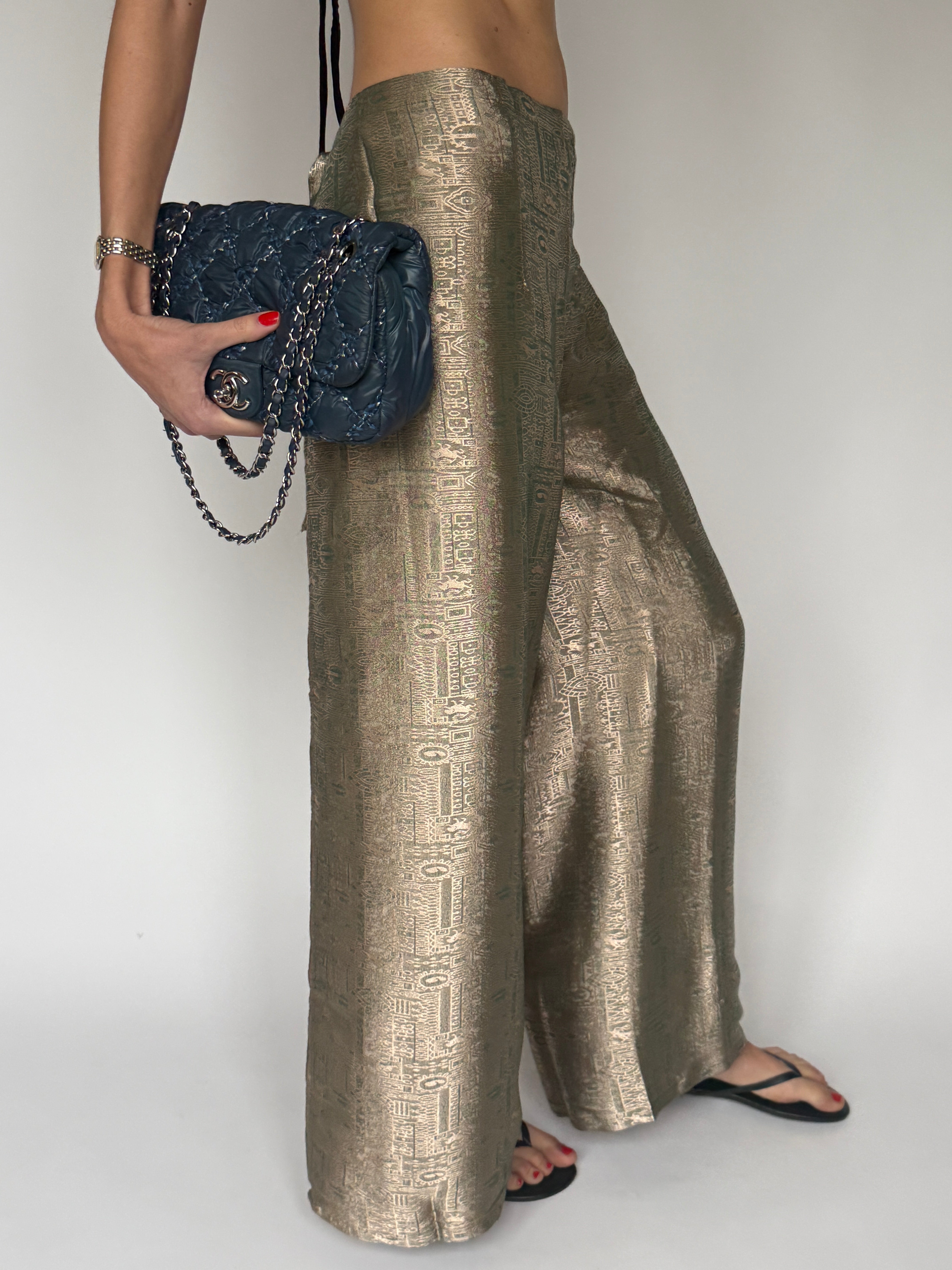 Vintage Jacquard Wide-Leg Wrap Trousers Metallic 7103