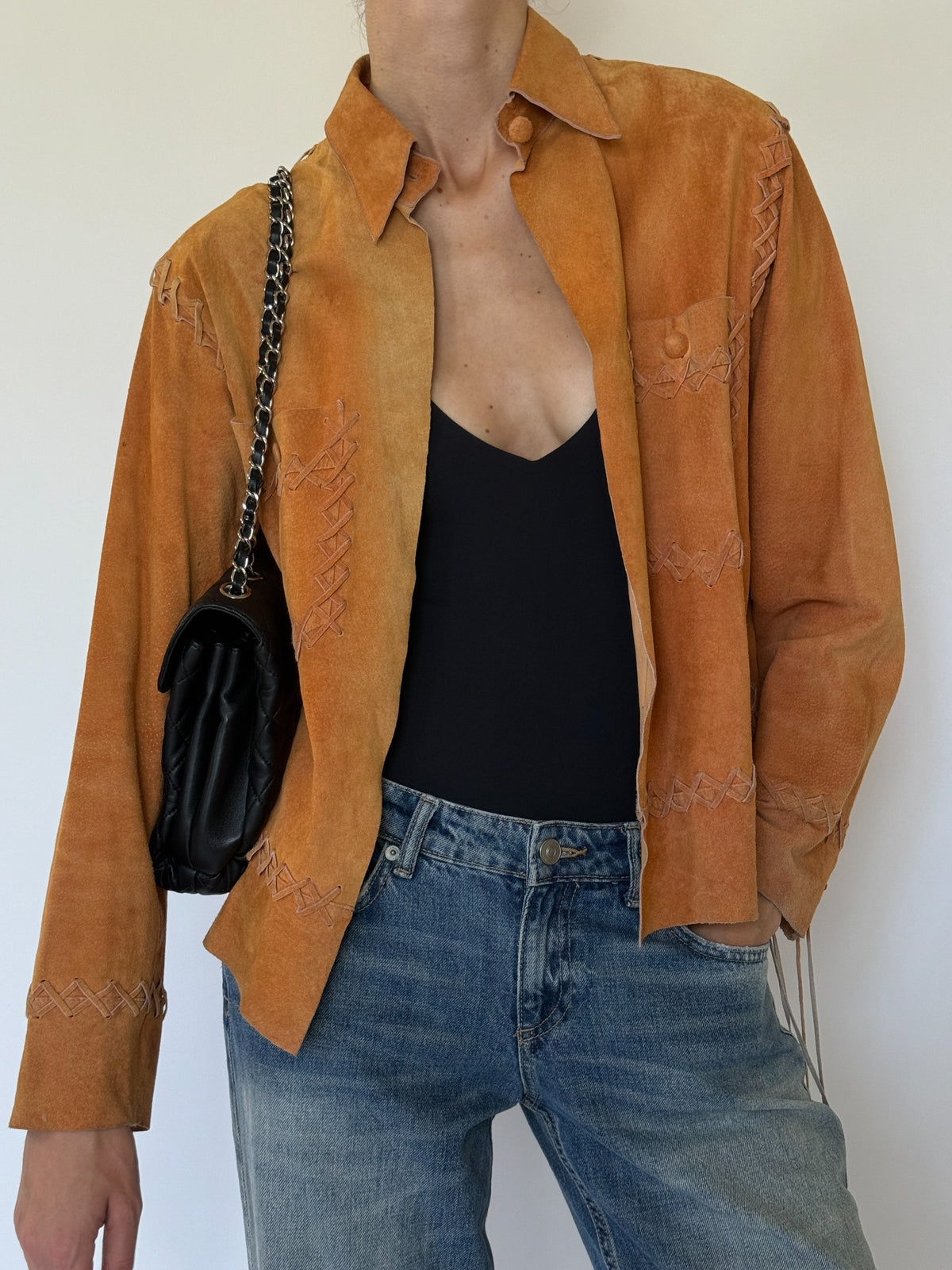 Vintage burnt orange suede leather jacket back view