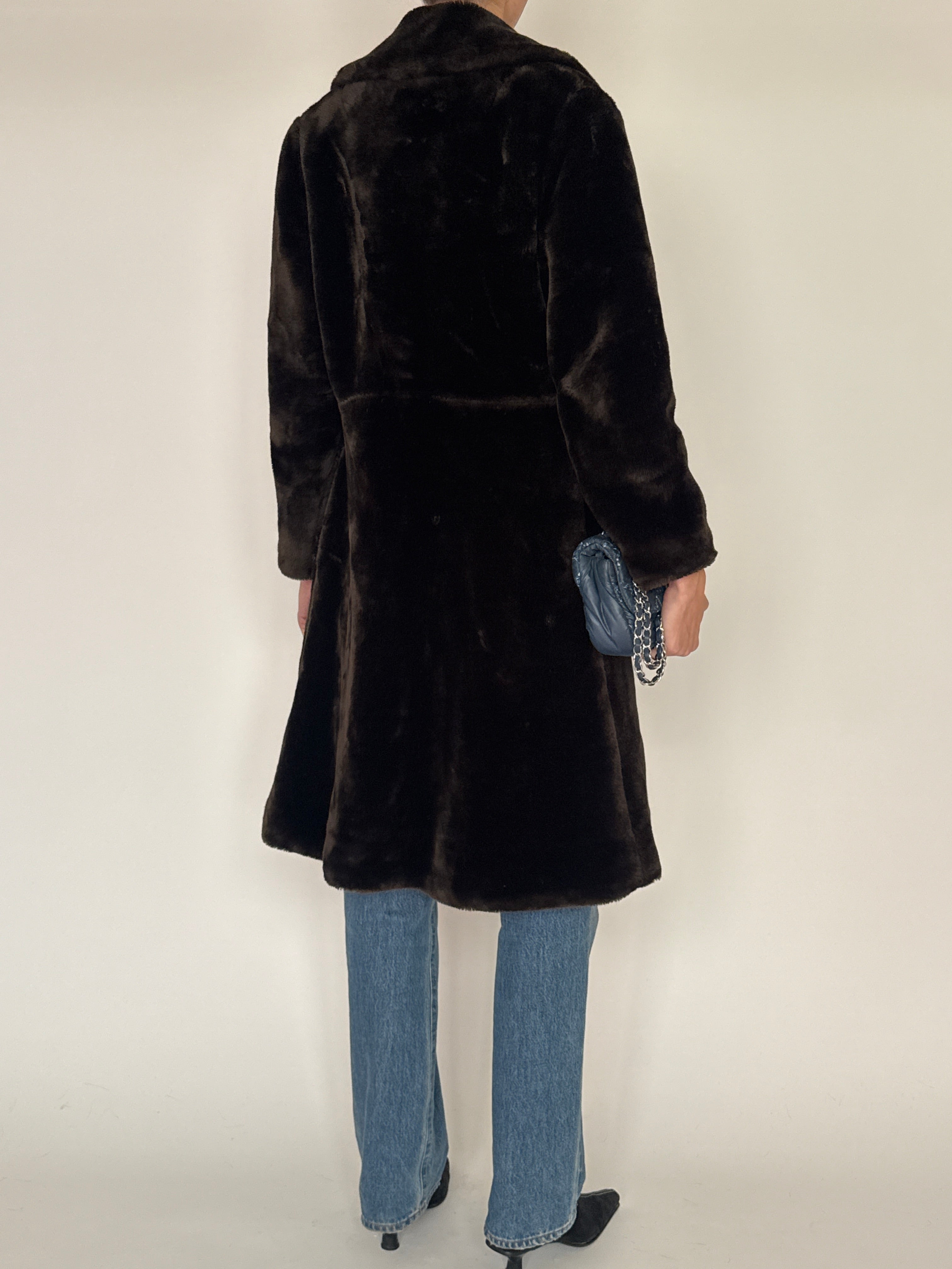 Vintage black faux fur coat back view