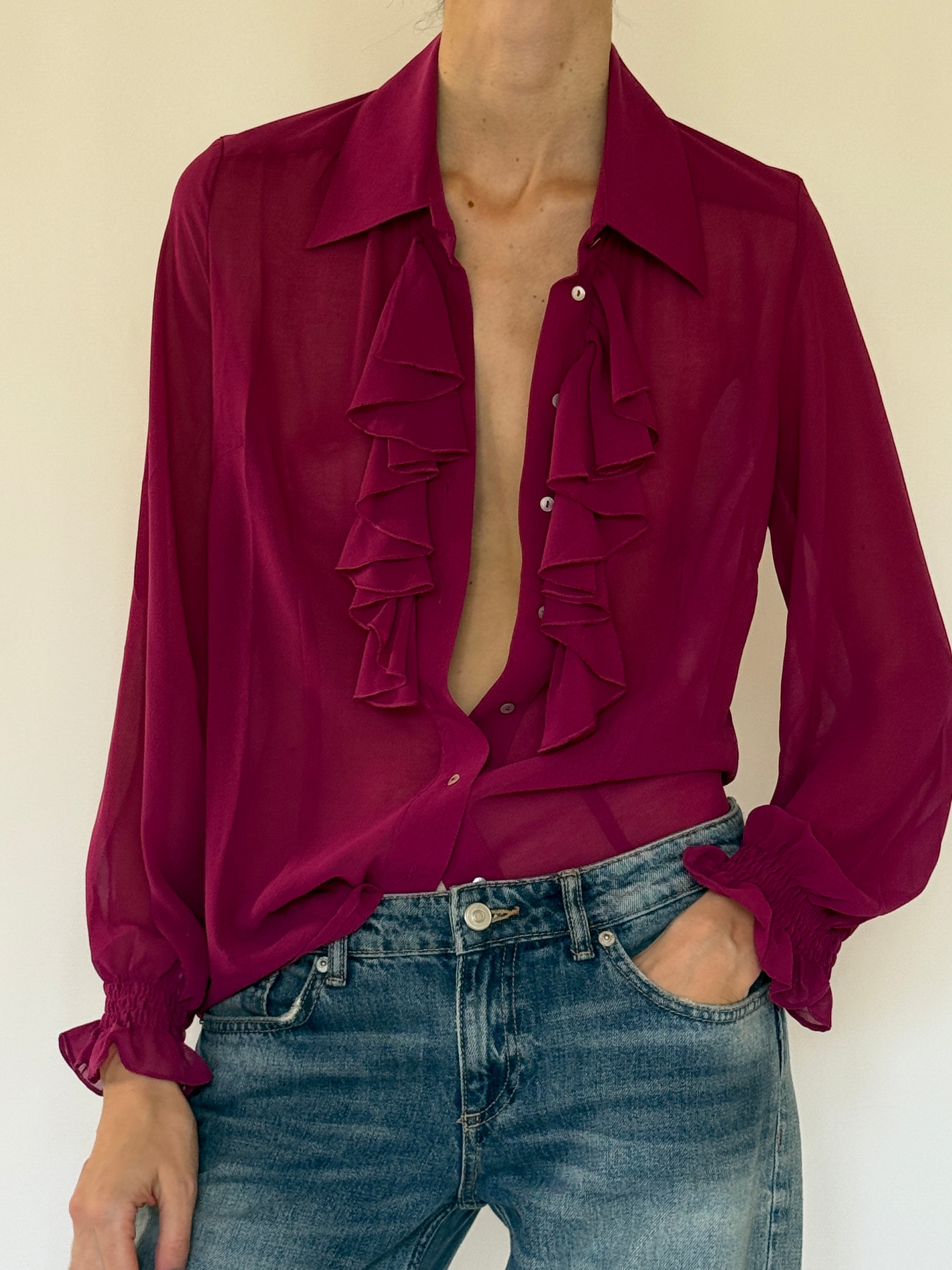 Vintage front button detail on ruffle blouse