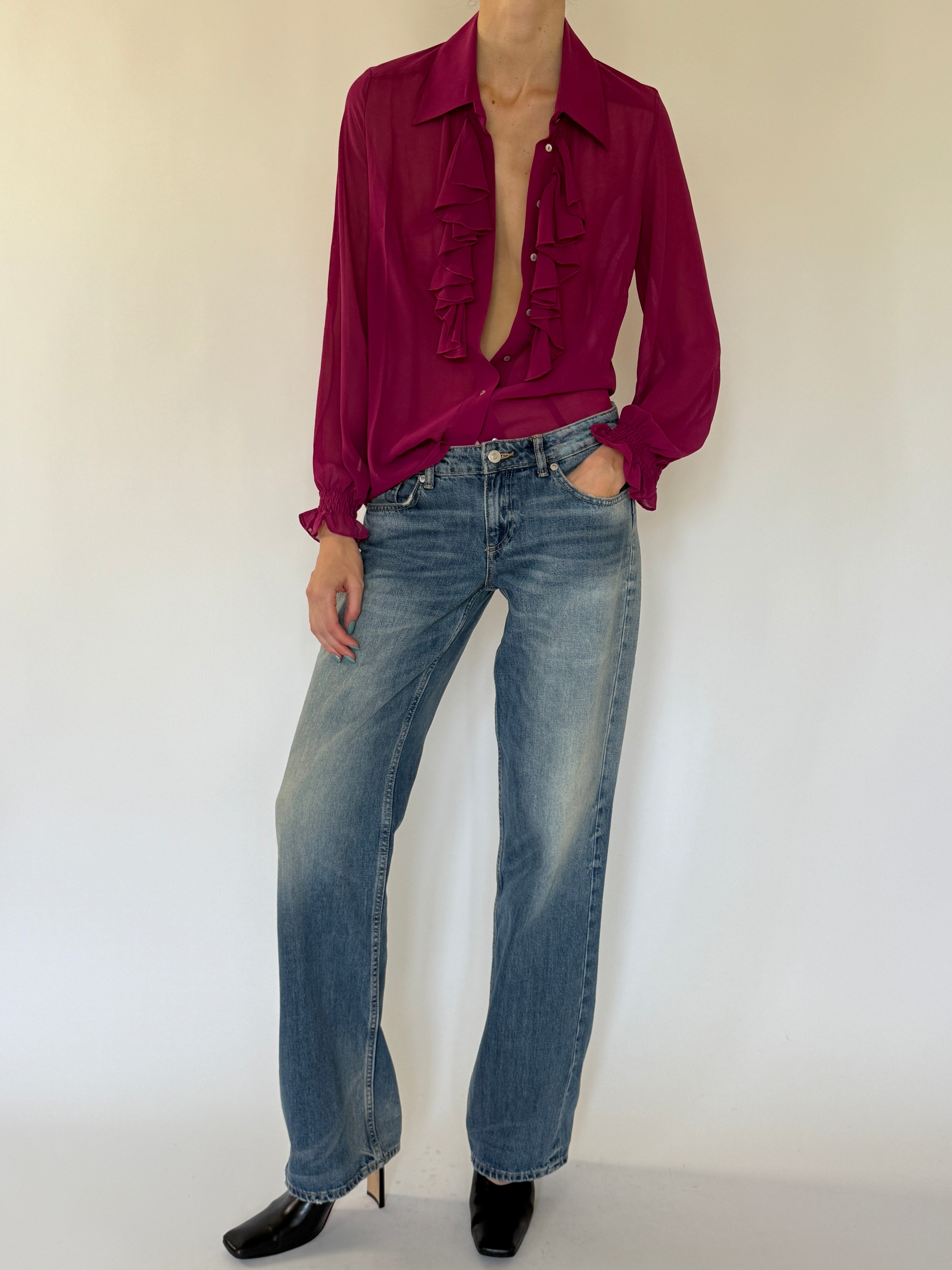 Vintage sheer ruffle blouse front view