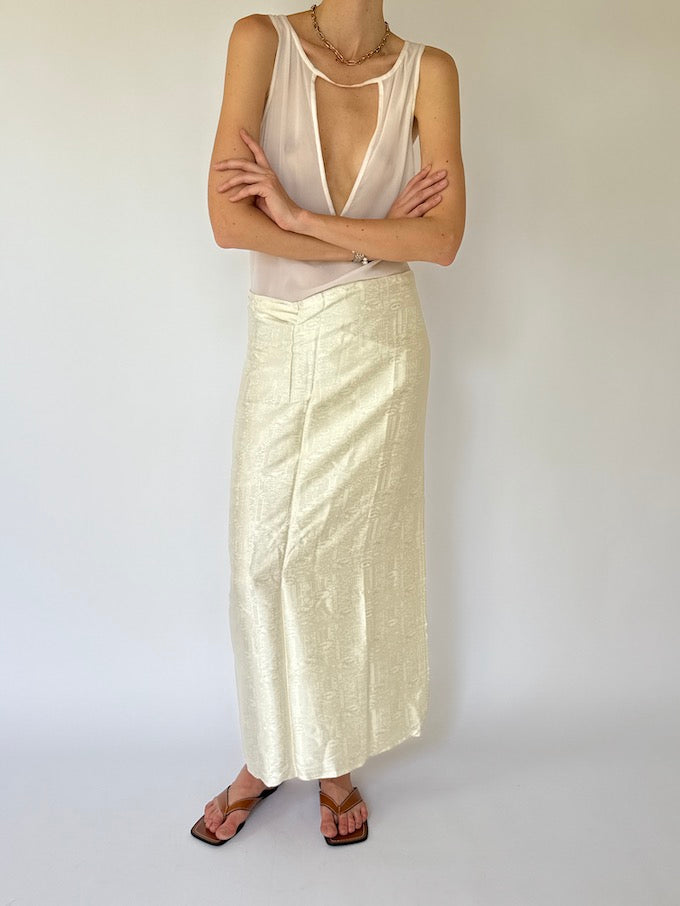 Vintage brocade Waist-Tie Wrap long skirt cream 4356