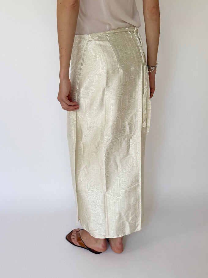 Vintage brocade Waist-Tie Wrap long skirt cream 4356