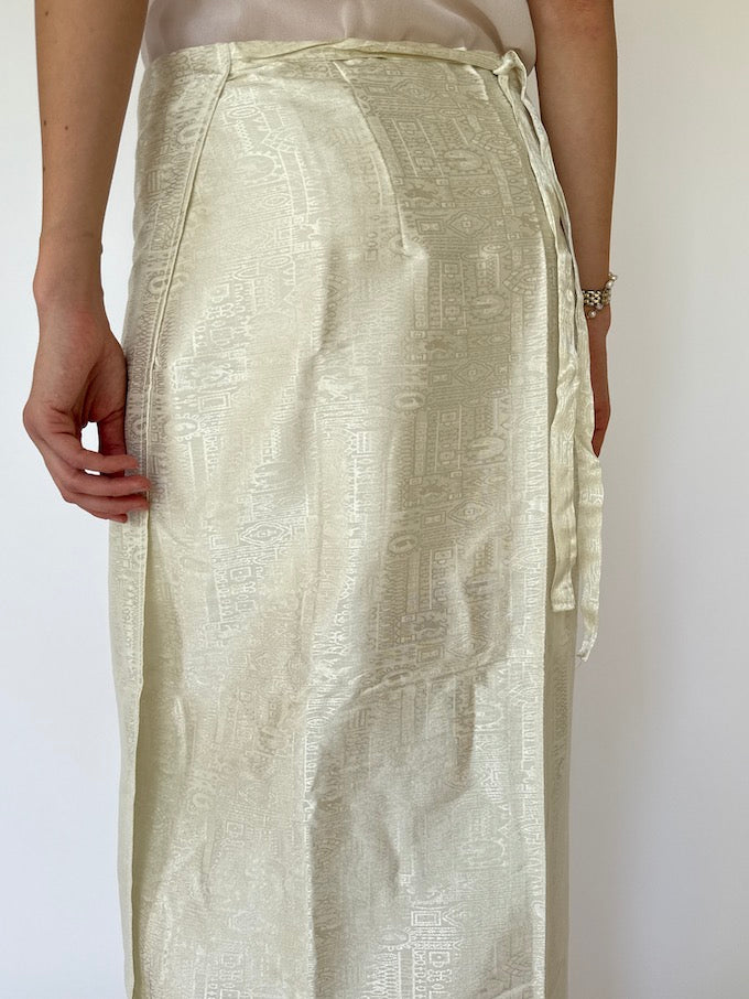 Vintage brocade Waist-Tie Wrap long skirt cream 4356