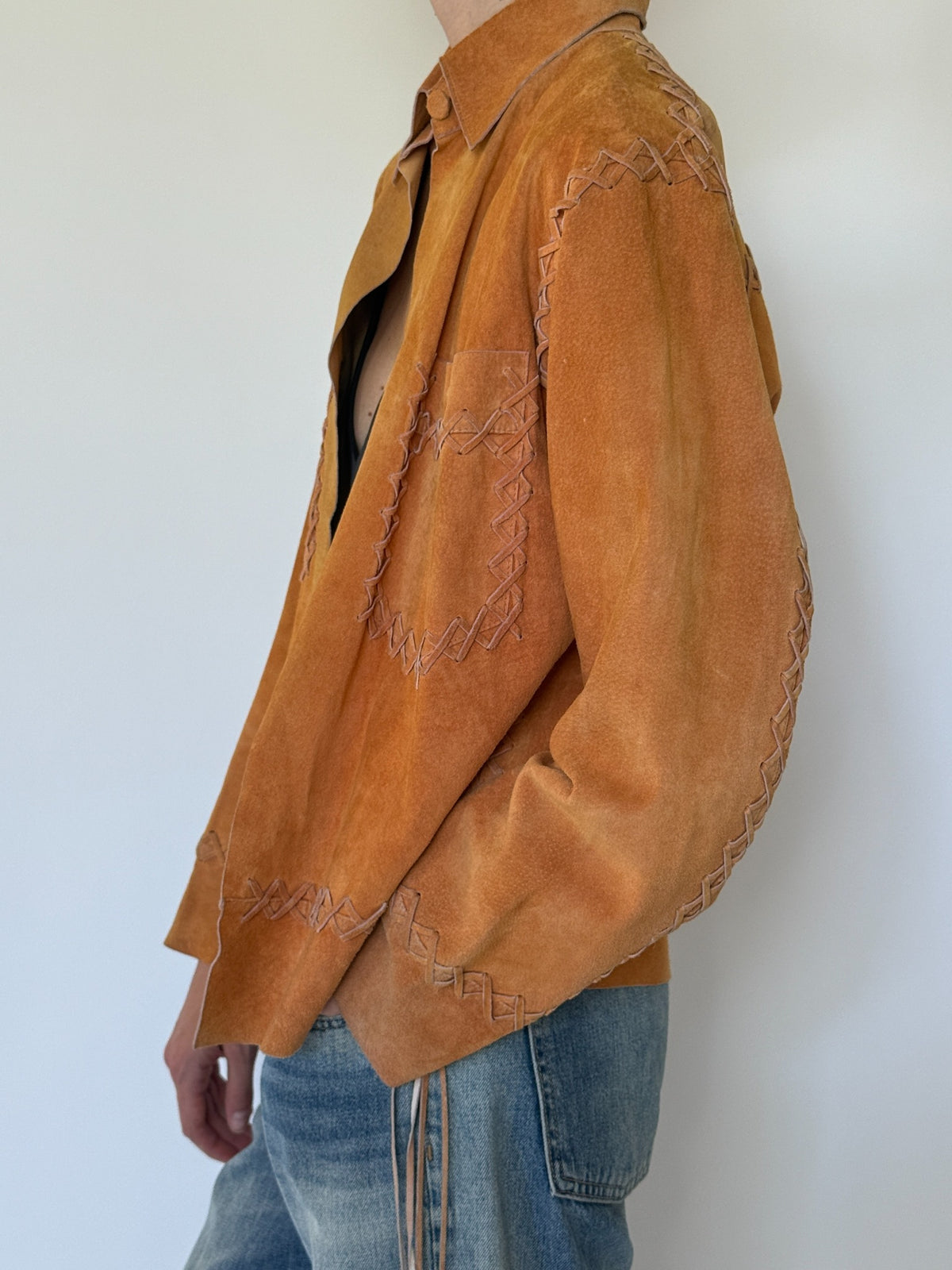 Vintage burnt orange suede leather jacket side view