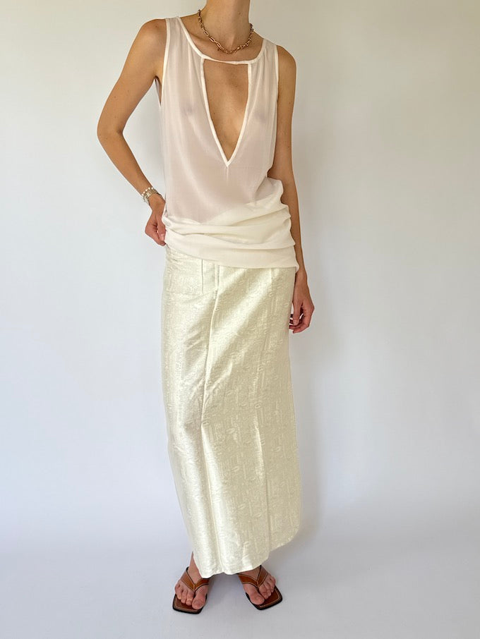 Vintage brocade Waist-Tie Wrap long skirt cream 4356