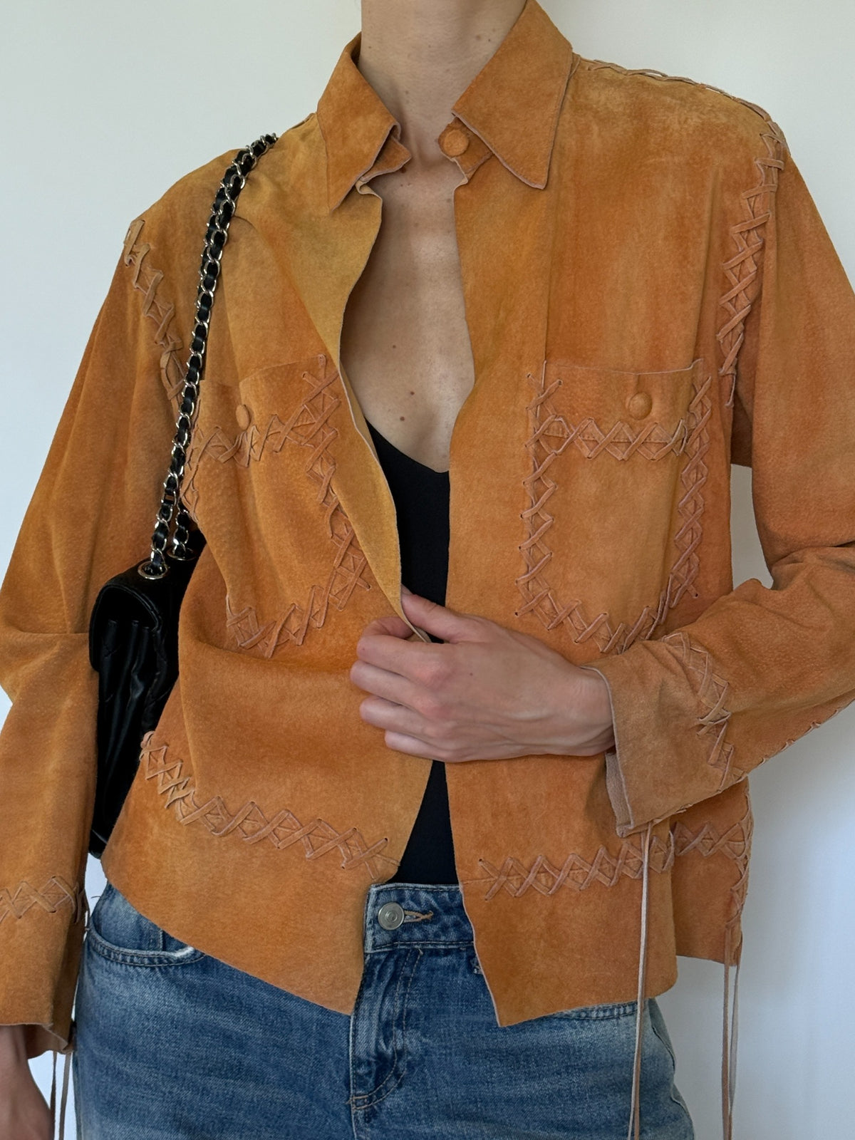 Vintage burnt orange suede leather jacket pocket detail