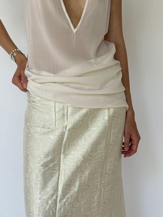 Vintage brocade Waist-Tie Wrap long skirt cream 4356