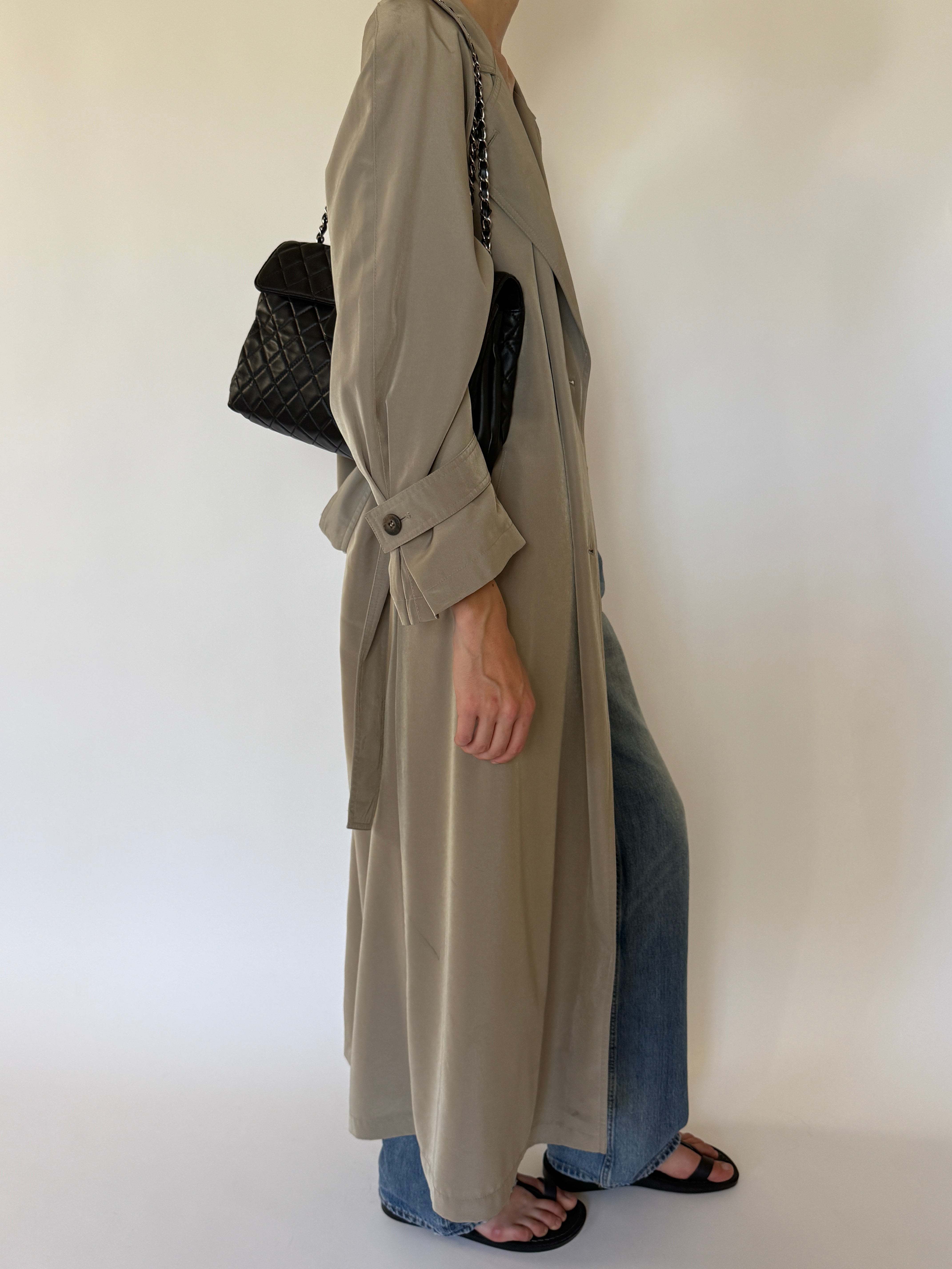 Vintage taupe lightweight trench coat side view