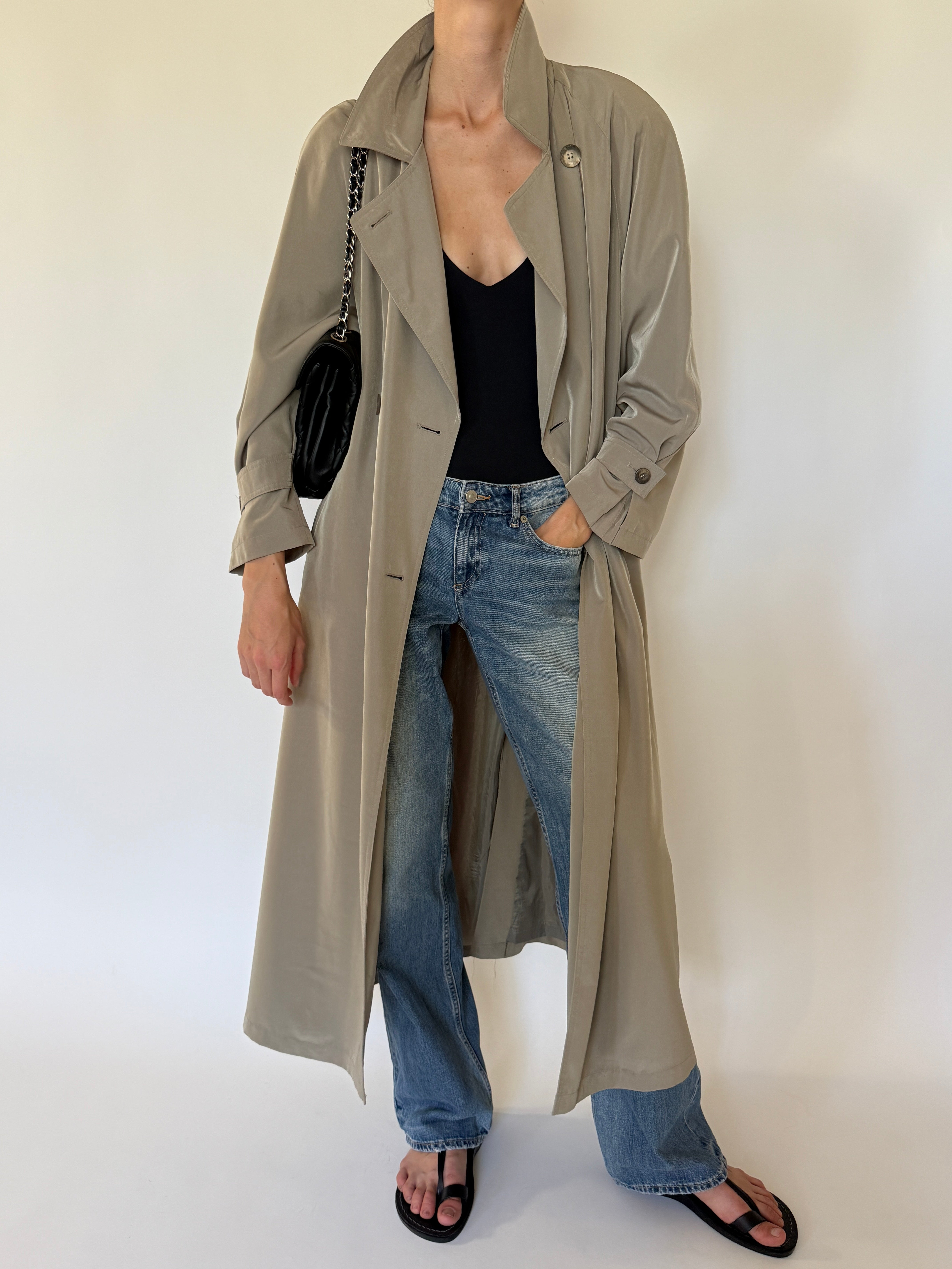 Vintage taupe lightweight trench coat front view