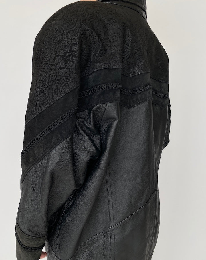 VINTAGE LONG BLACK LEATHER COAT 4182