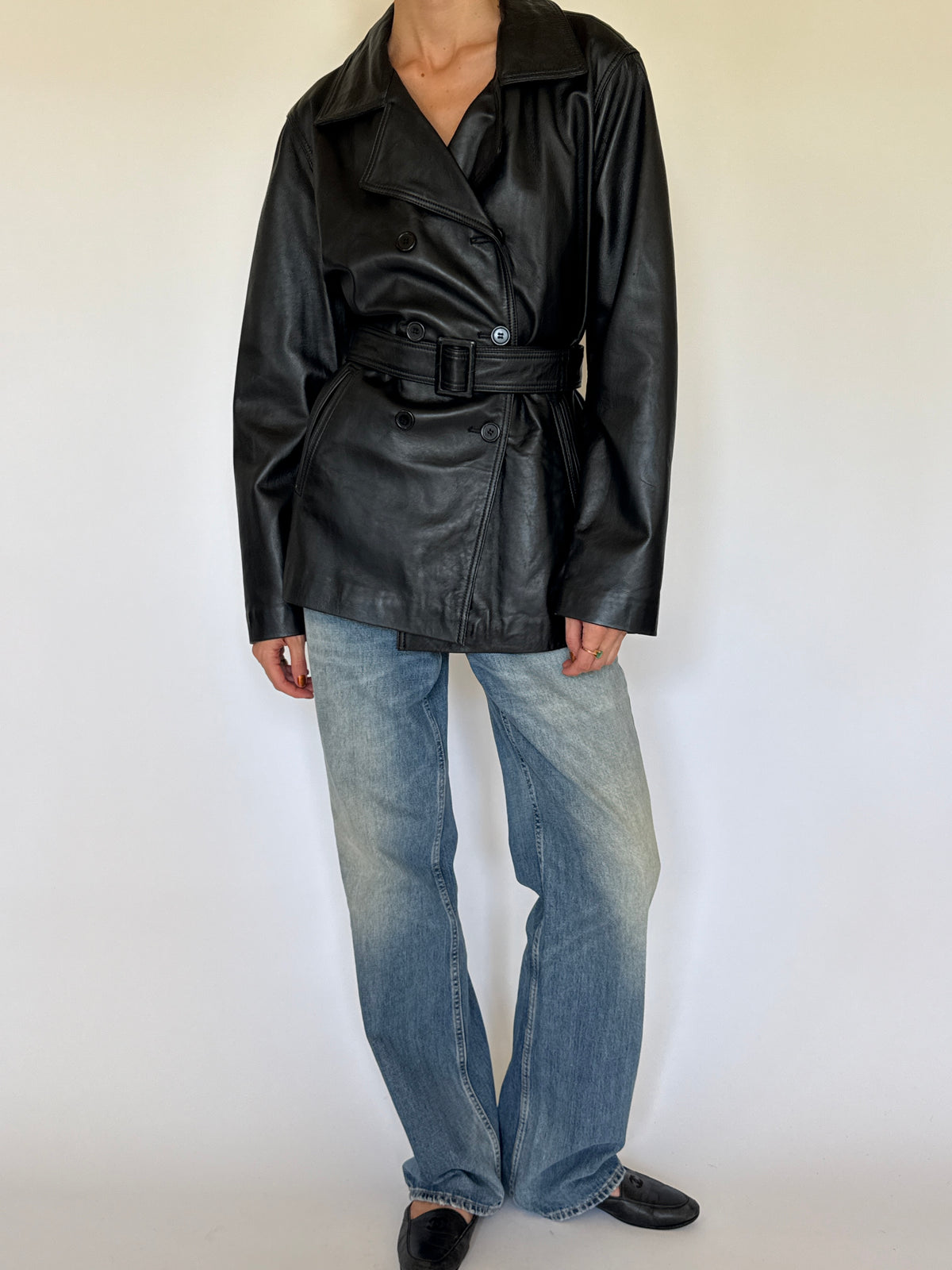 Vintage black leather jacket front view