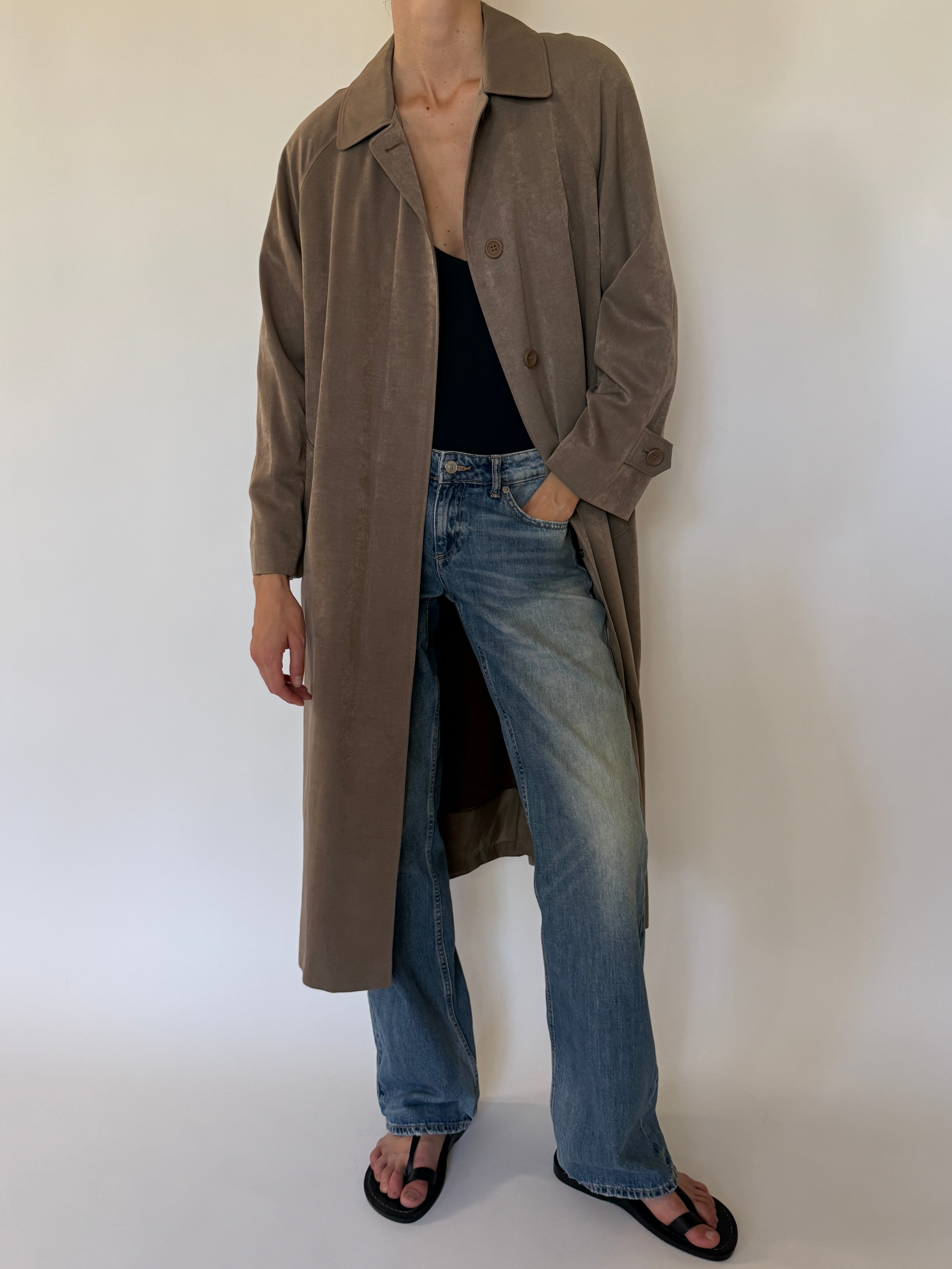 Vintage taupe long coat front view