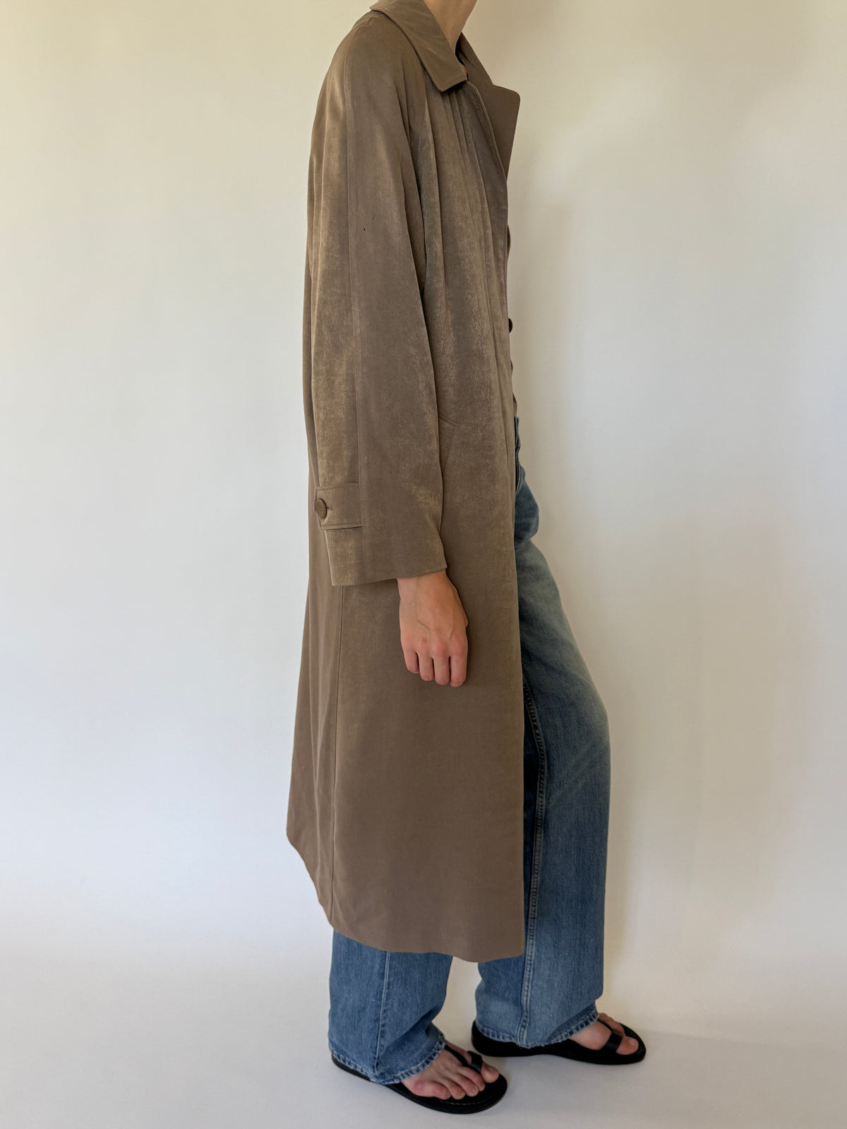 Vintage taupe long coat side view