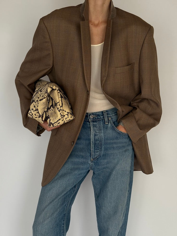 Vintage Checked Wool Blazer Brown 6193