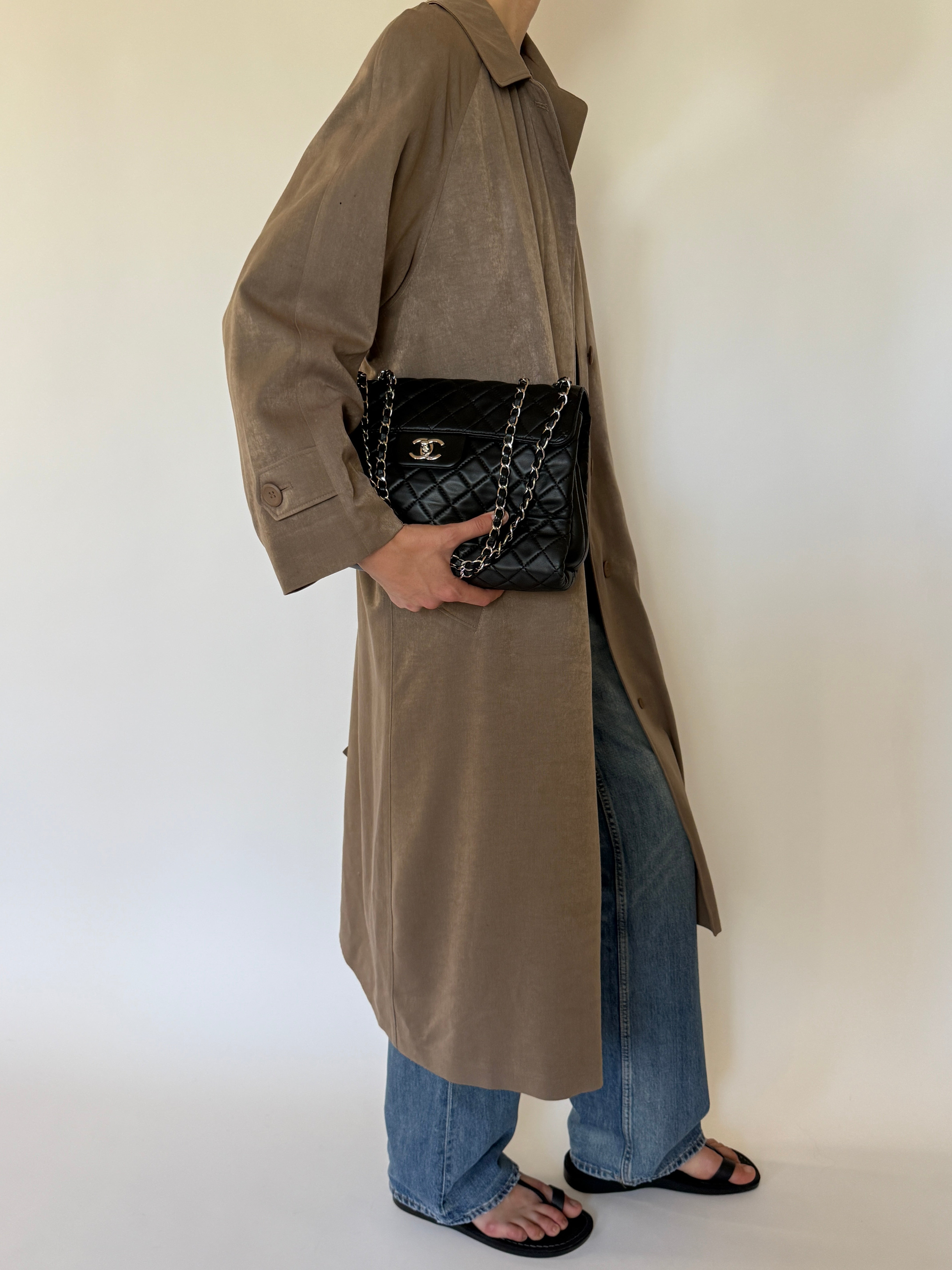 Vintage taupe long coat side view