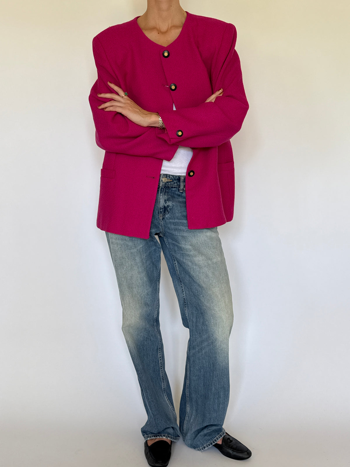 Vintage Collarless Button Front Blazer Pink 7341