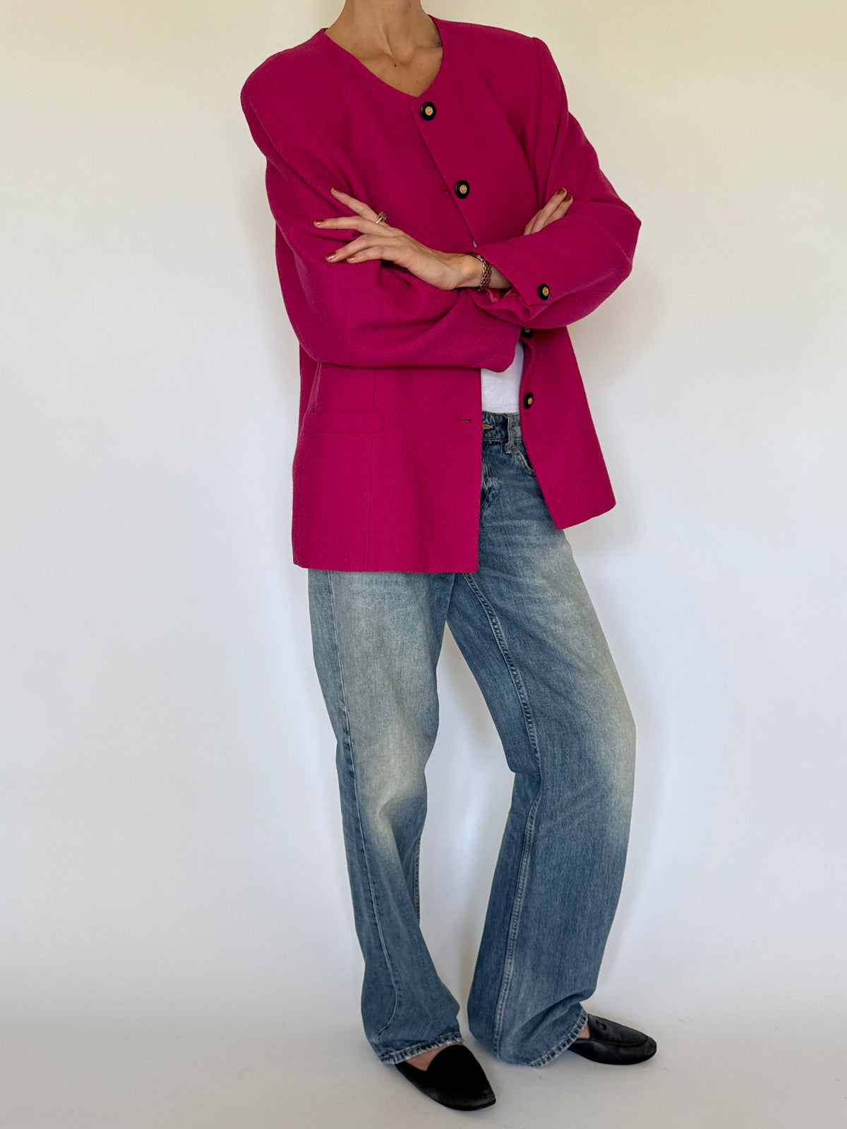 Vintage Collarless Button Front Blazer Pink 7341