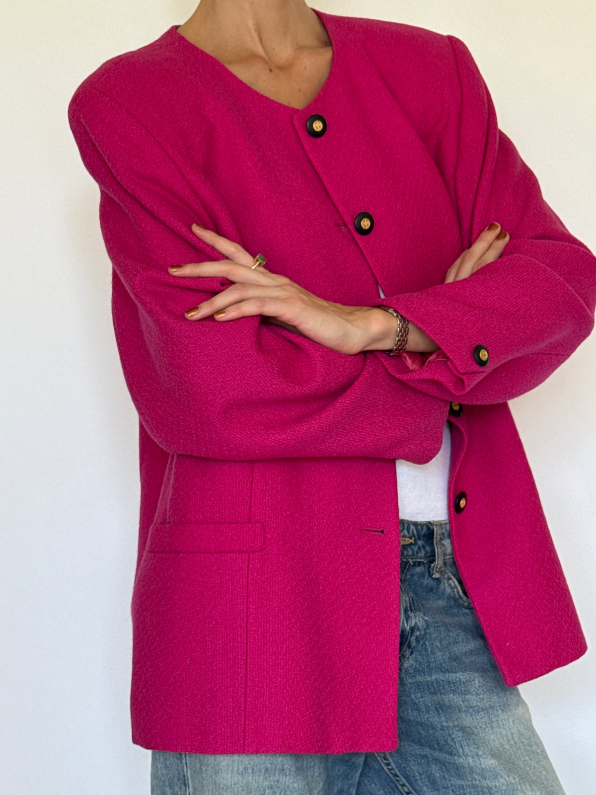 Vintage Collarless Button Front Blazer Pink 7341