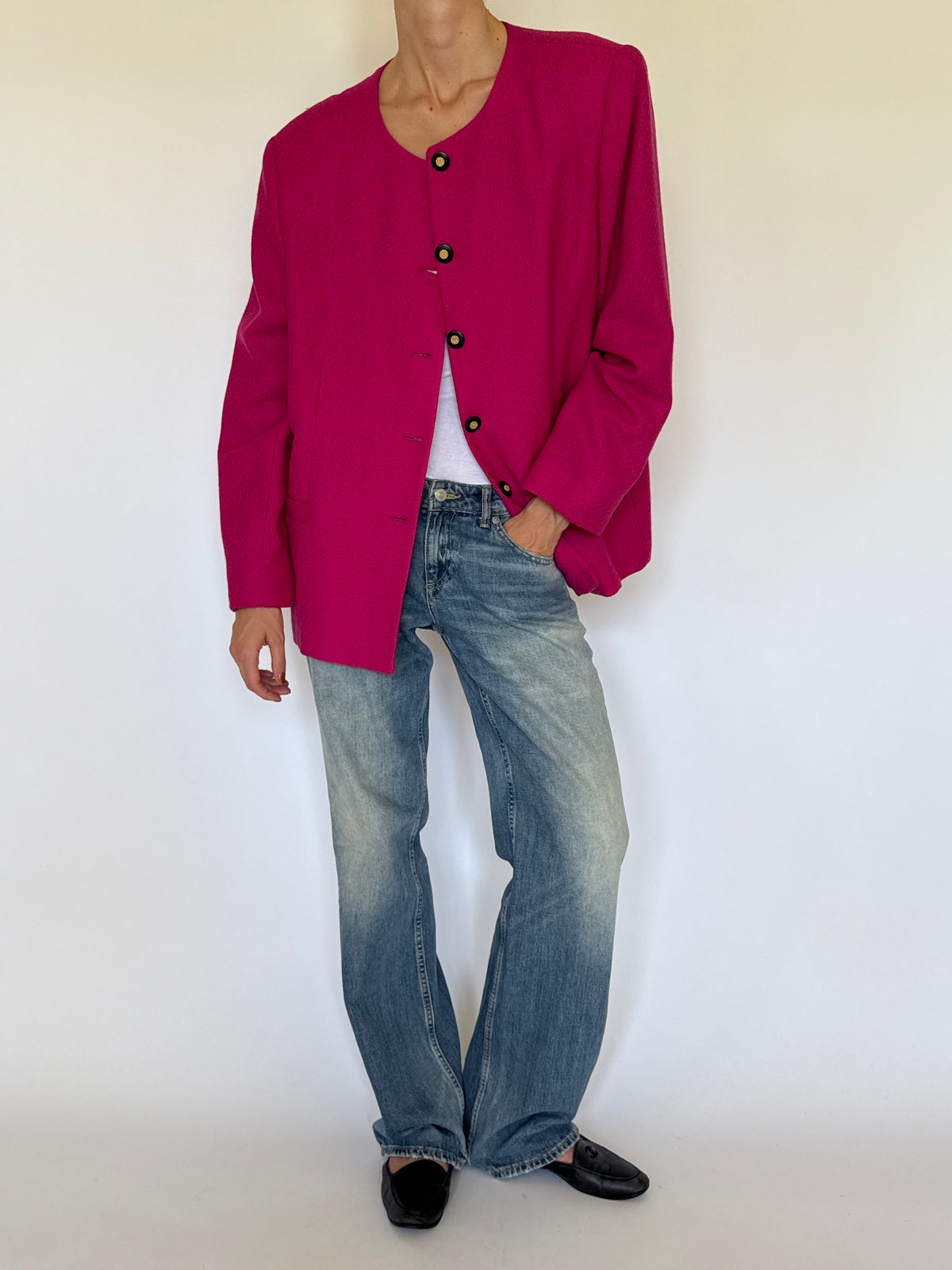 Vintage Collarless Button Front Blazer Pink 7341