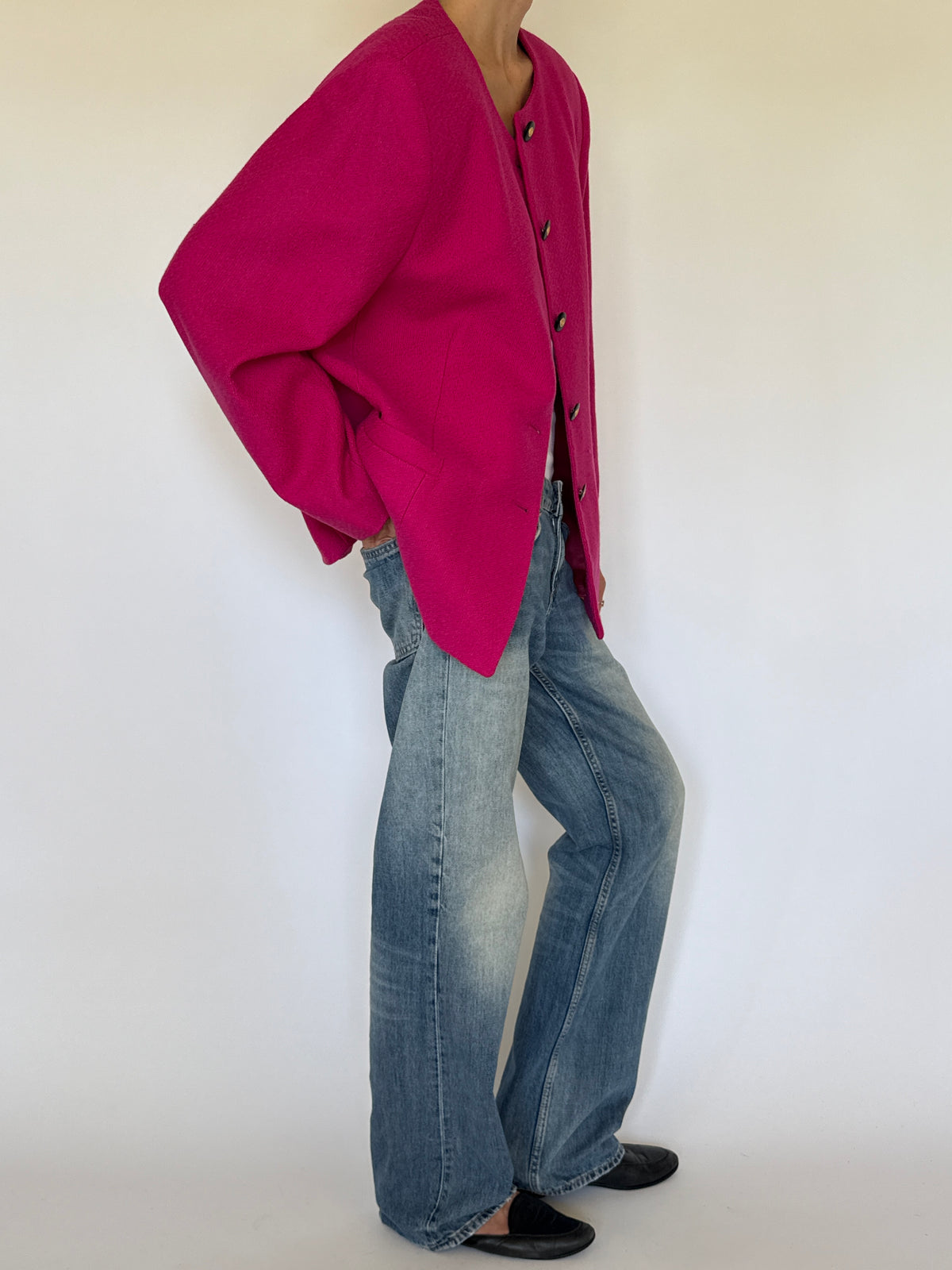 Vintage Collarless Button Front Blazer Pink 7341