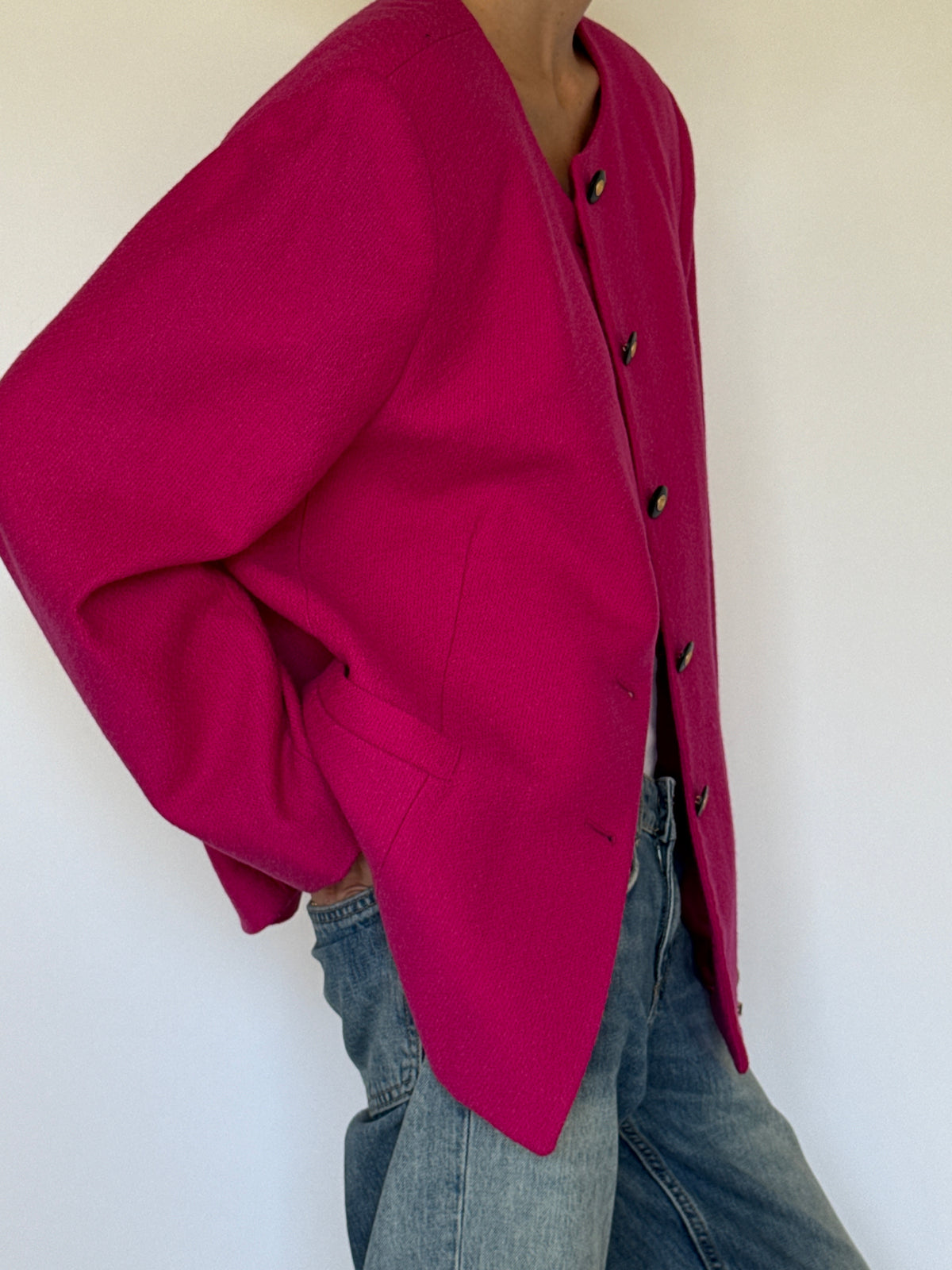 Vintage Collarless Button Front Blazer Pink 7341
