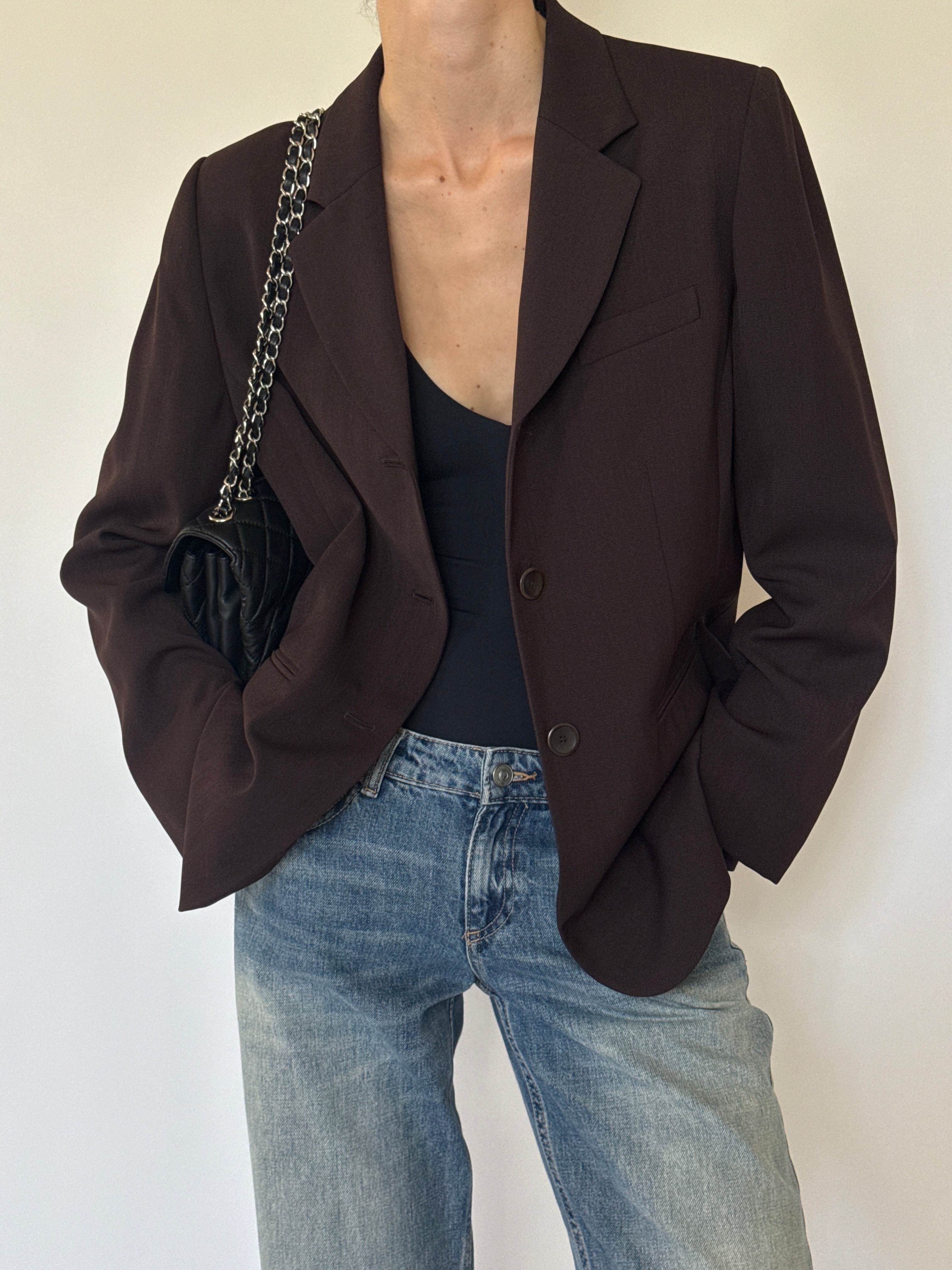 Vintage chocolate brown blazer angled front view