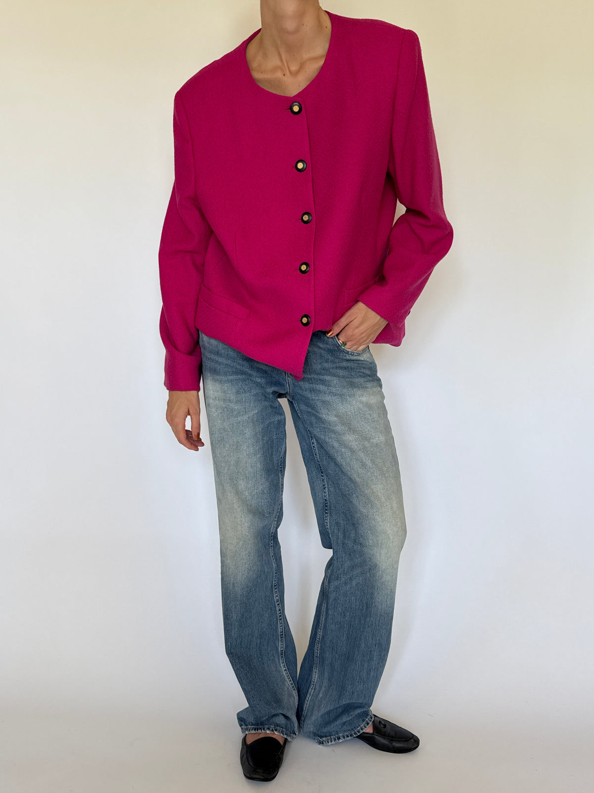 Vintage Collarless Button Front Blazer Pink 7341