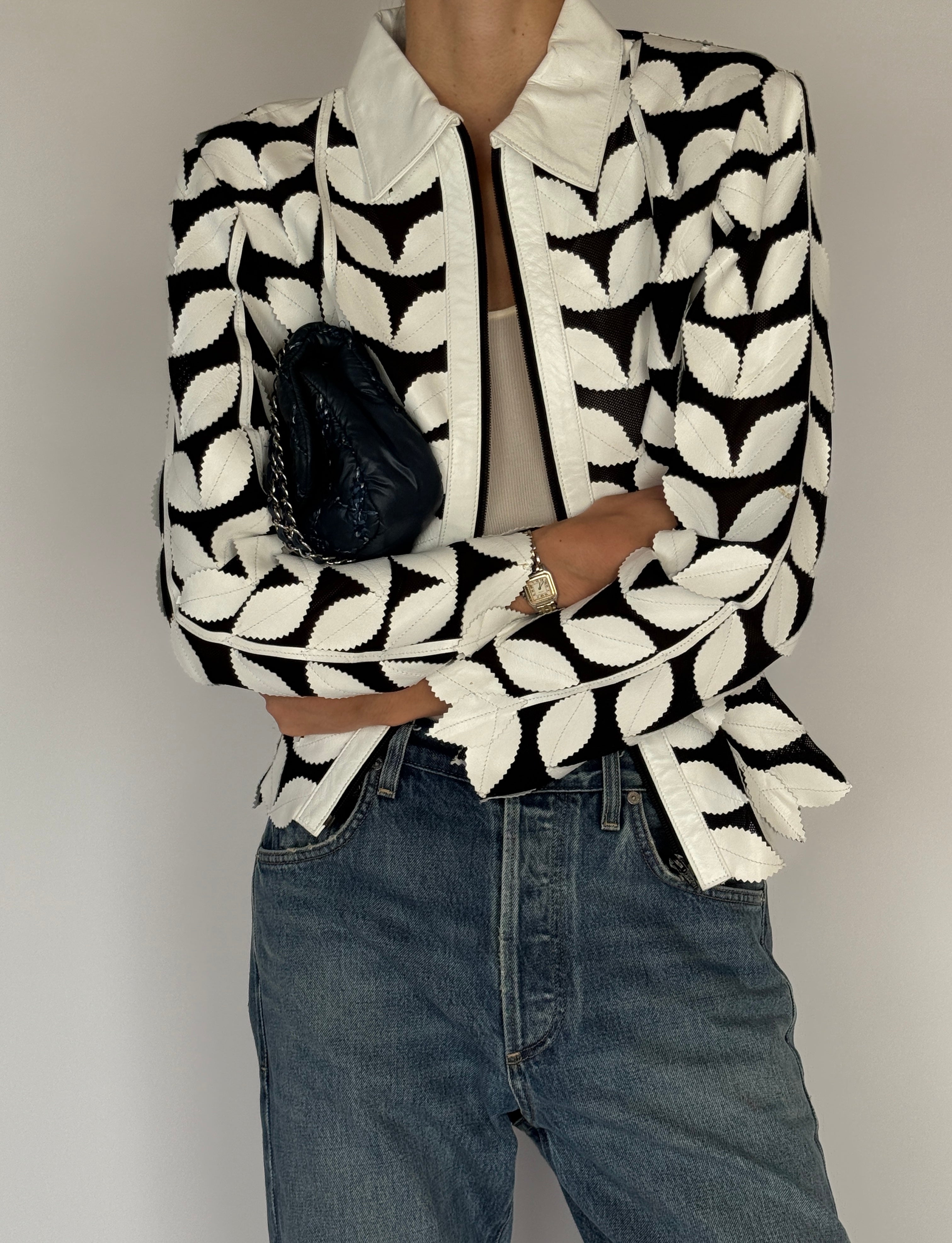 Vintage Leather Leaf Appliqué Jacket Black & White 7054