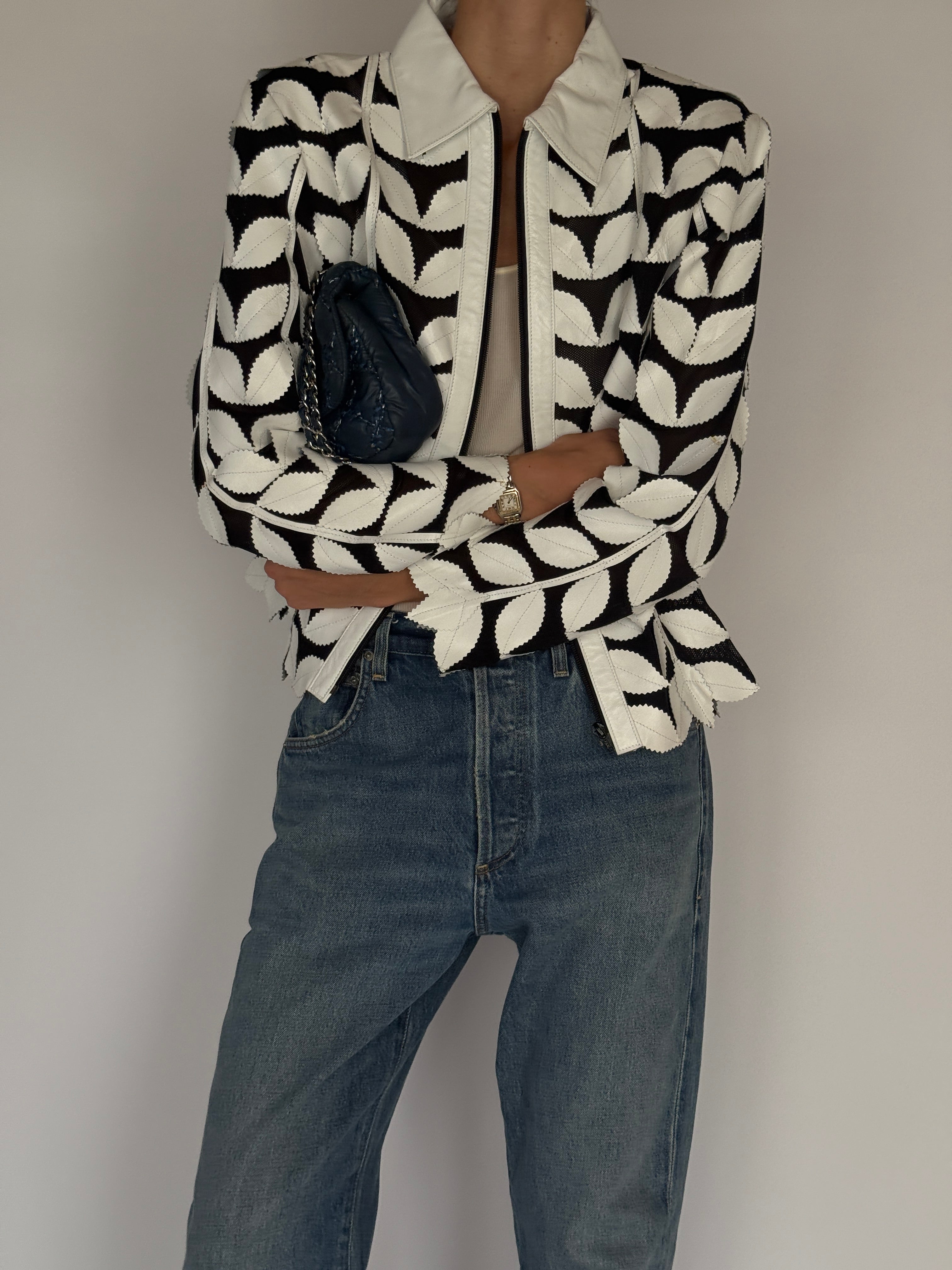 Vintage Leather Leaf Appliqué Jacket Black & White 7054