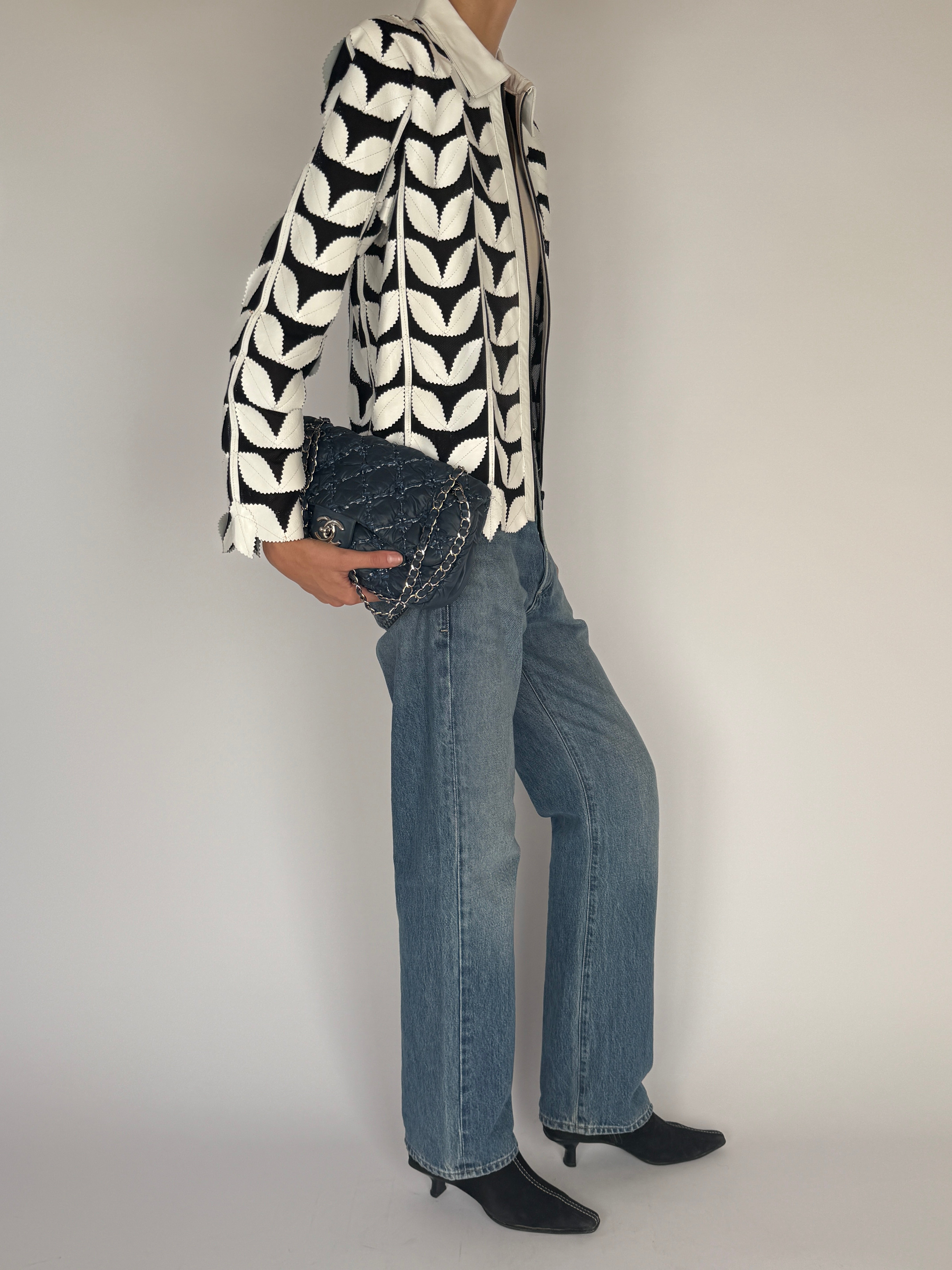 Vintage Leather Leaf Appliqué Jacket Black & White 7054