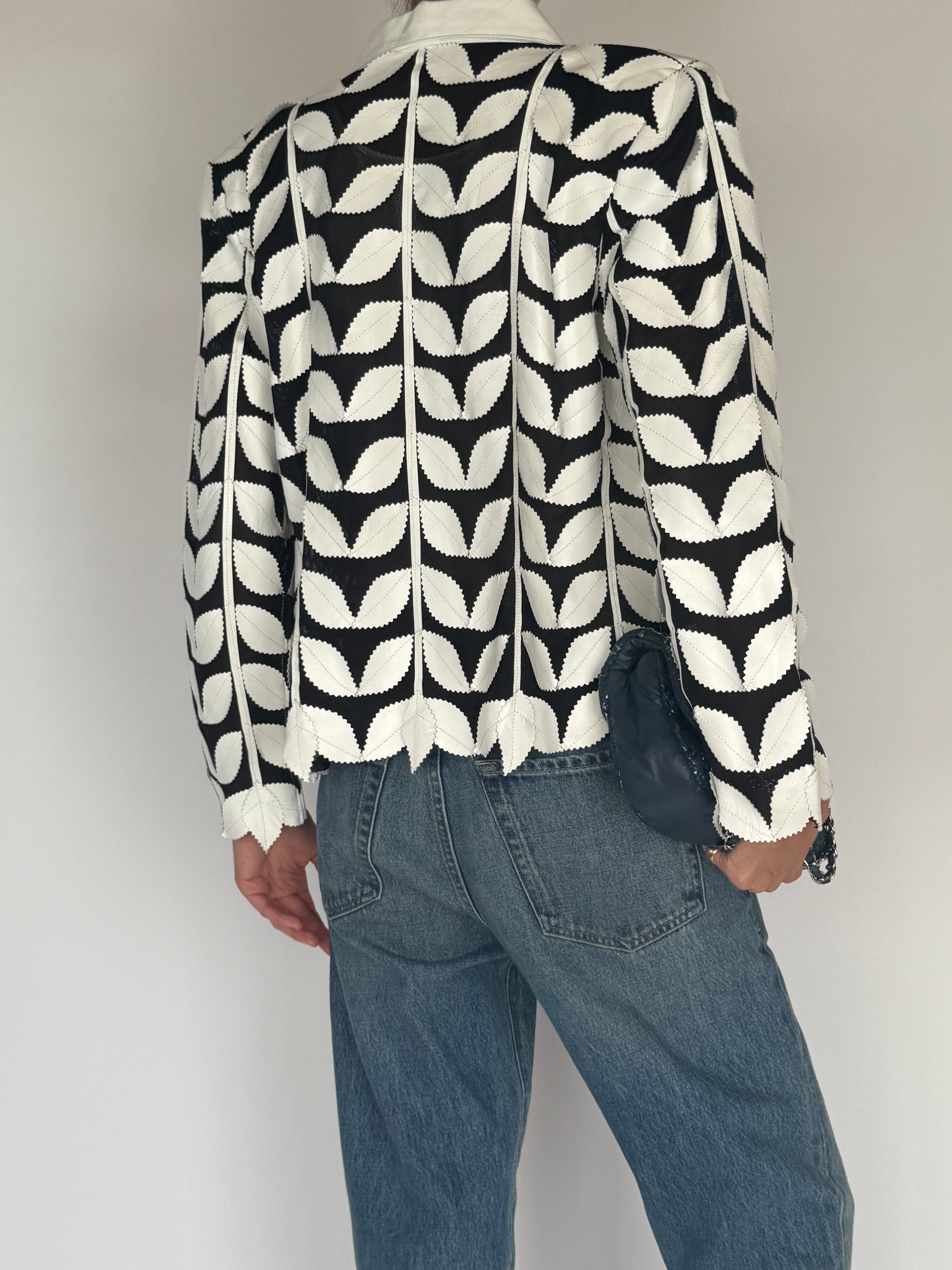 Vintage Leather Leaf Appliqué Jacket Black & White 7054