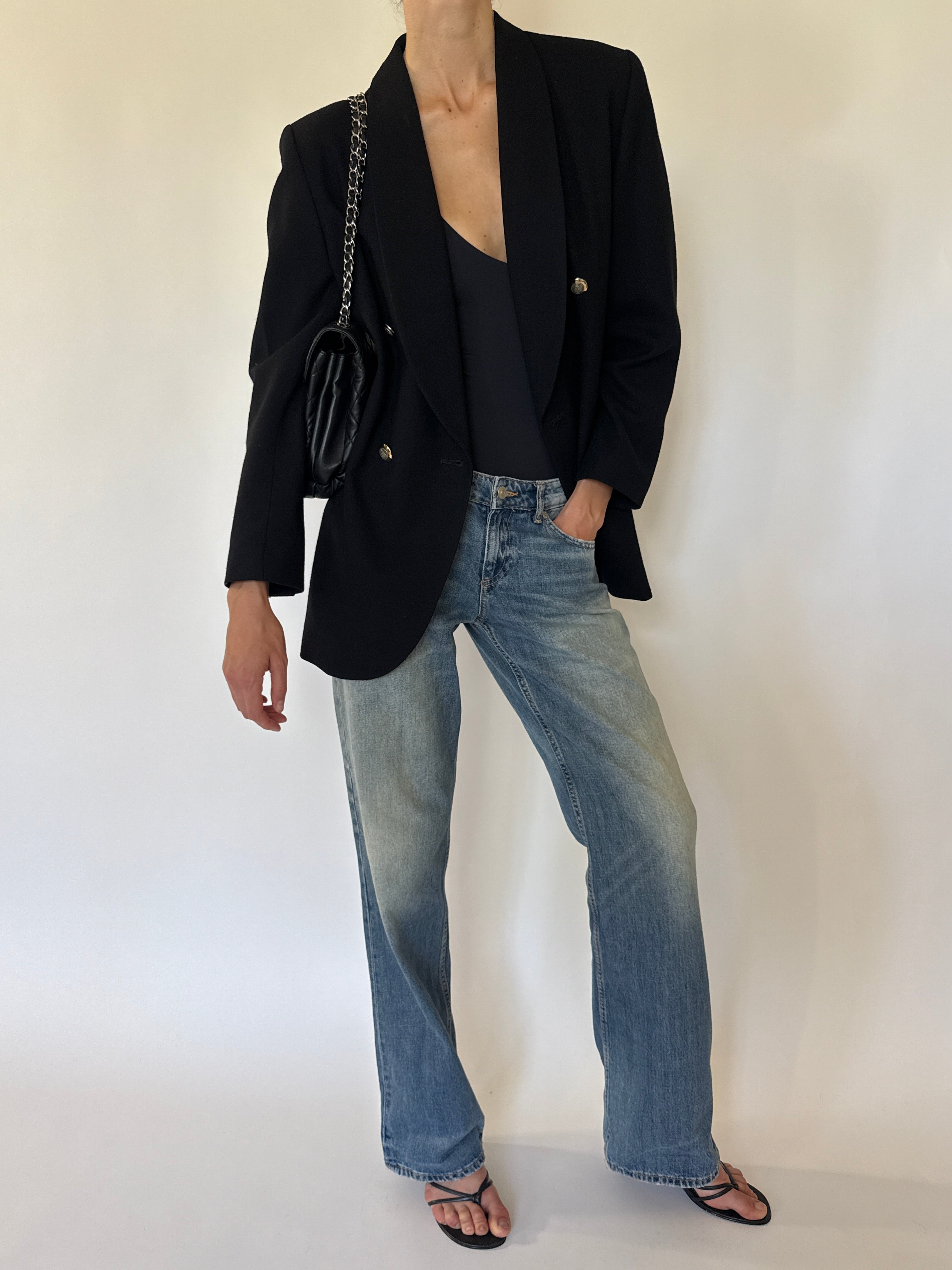 Vintage black double-breasted blazer full-length view