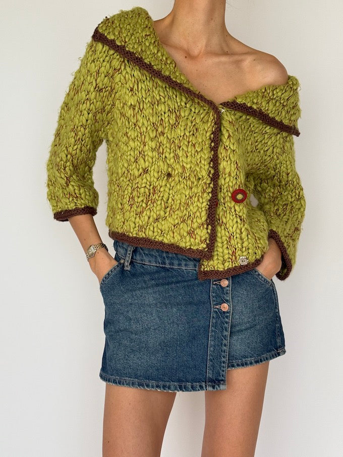 Vintage Chunky Hand-Knit Textured Sweater Green 6021