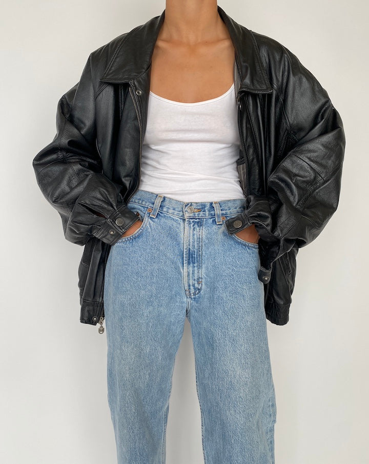 VINTAGE BLACK OVERSIZED BOXY LEATHER JACKET 2722