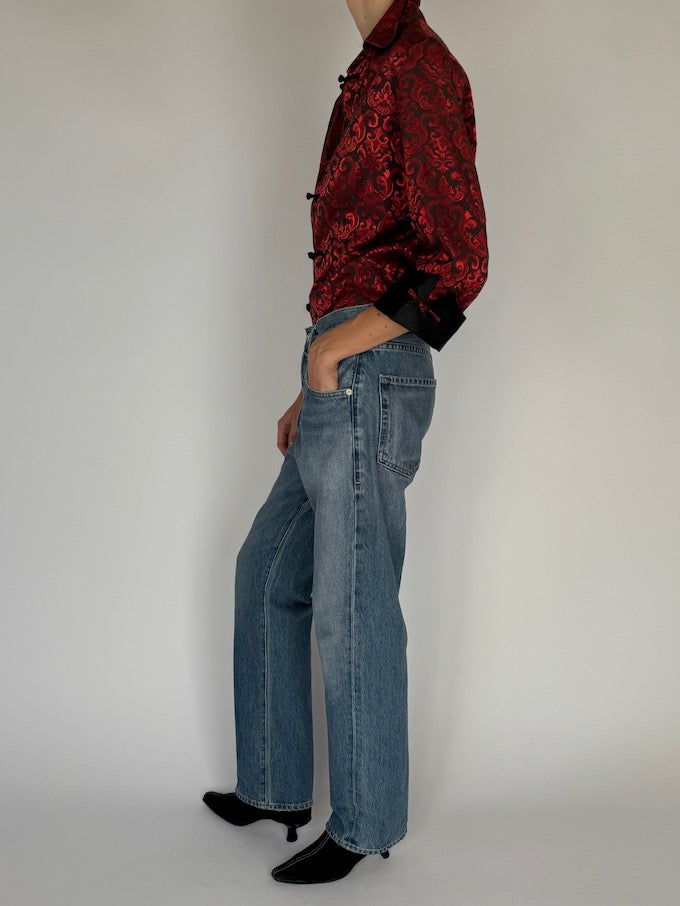 Vintage Red Satin Brocade Blouse