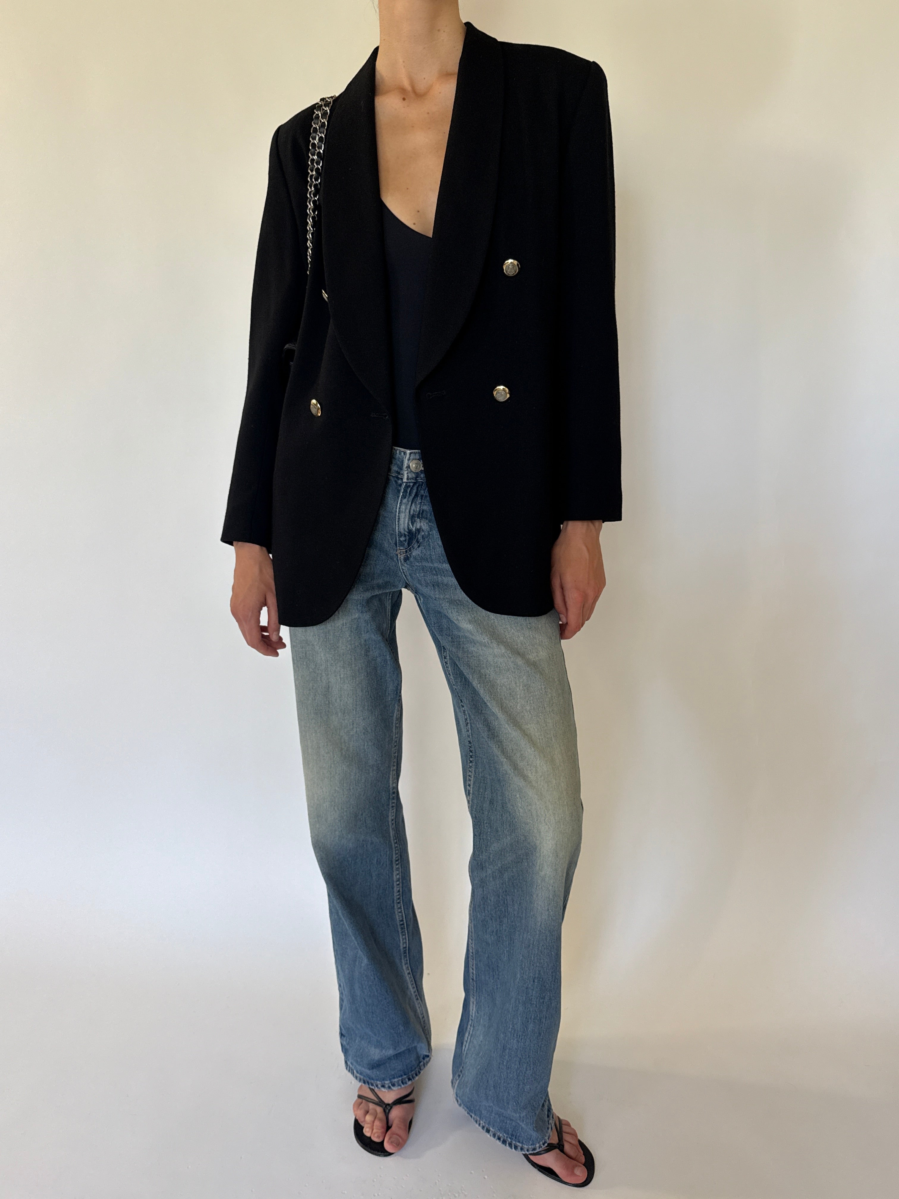 Vintage black double-breasted blazer full-length view