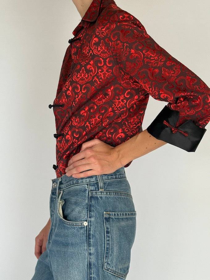 Vintage Red Satin Brocade Blouse