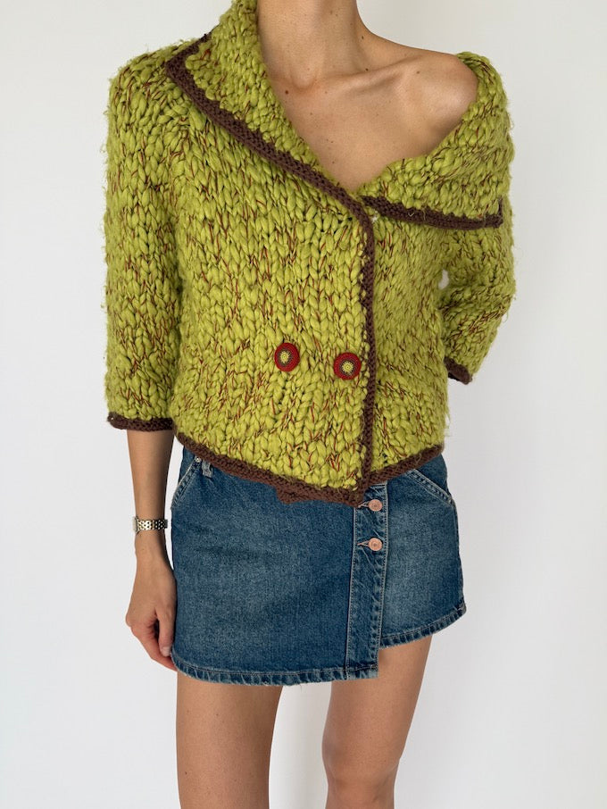 Vintage Chunky Hand-Knit Textured Sweater Green 6021