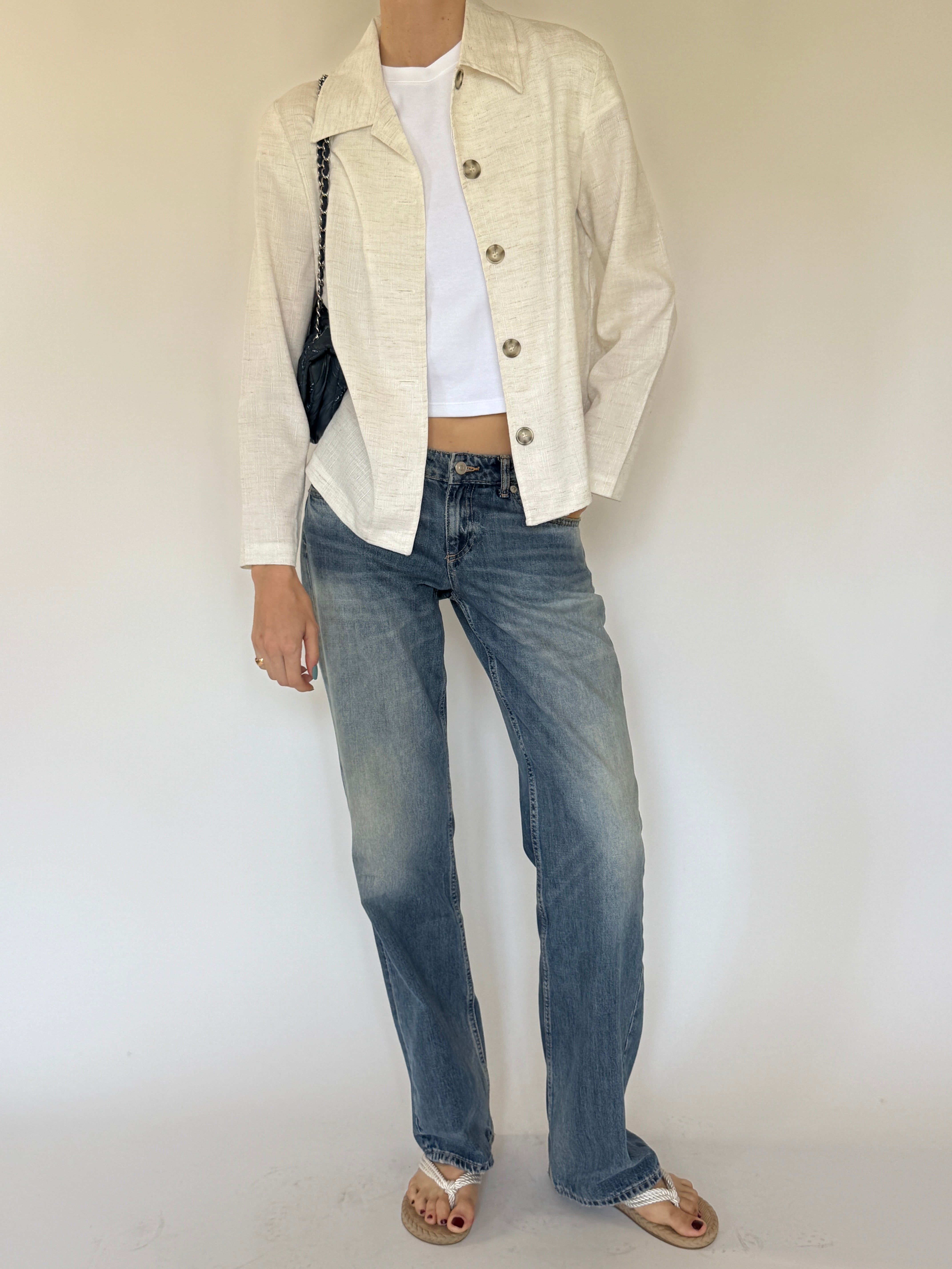 Vintage ivory textured cropped jacket full body fit view