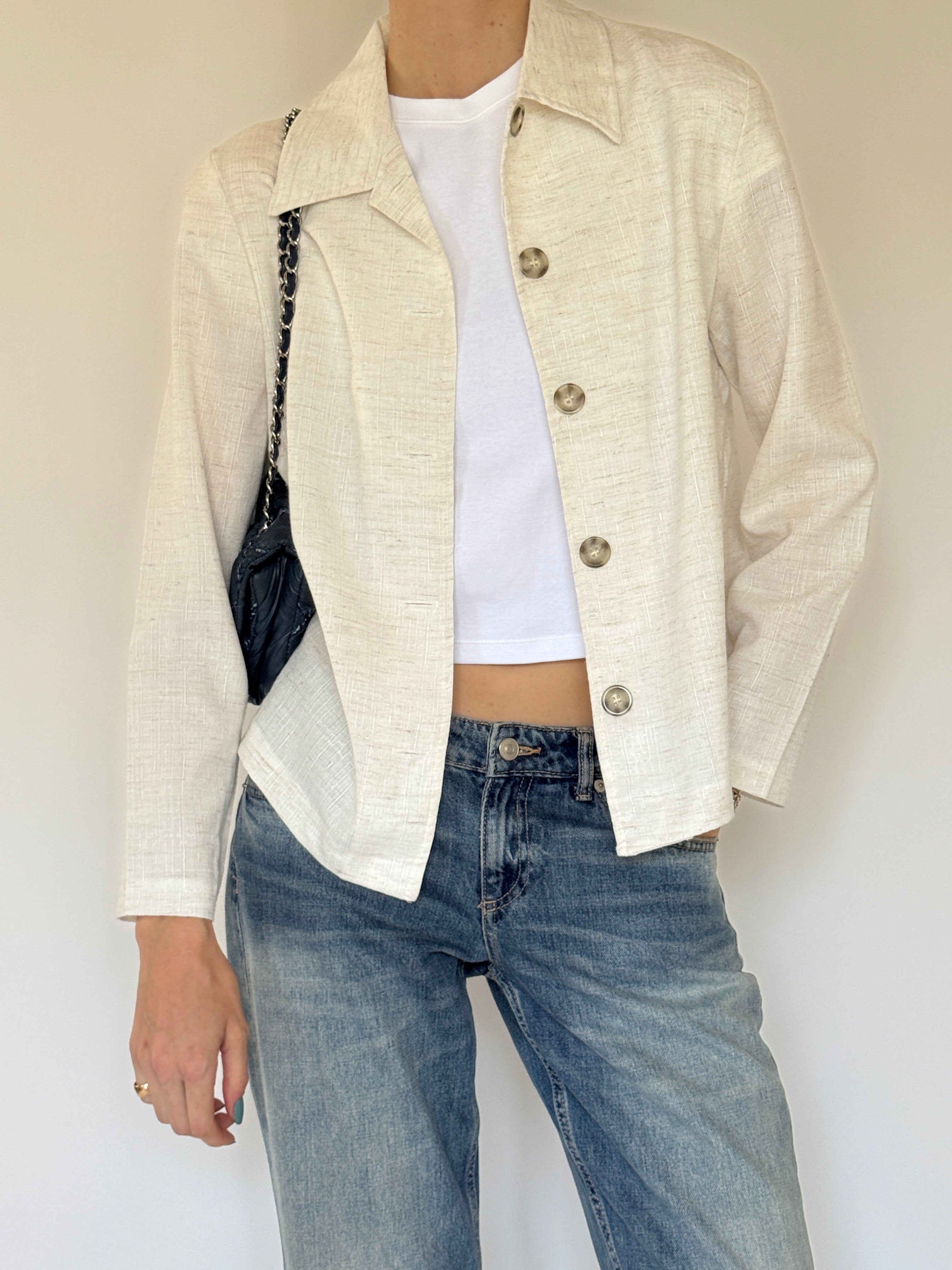 Vintage ivory textured cropped jacket front view
