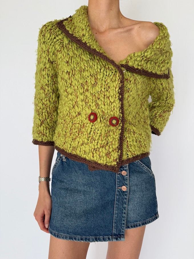 Vintage Chunky Hand-Knit Textured Sweater Green 6021