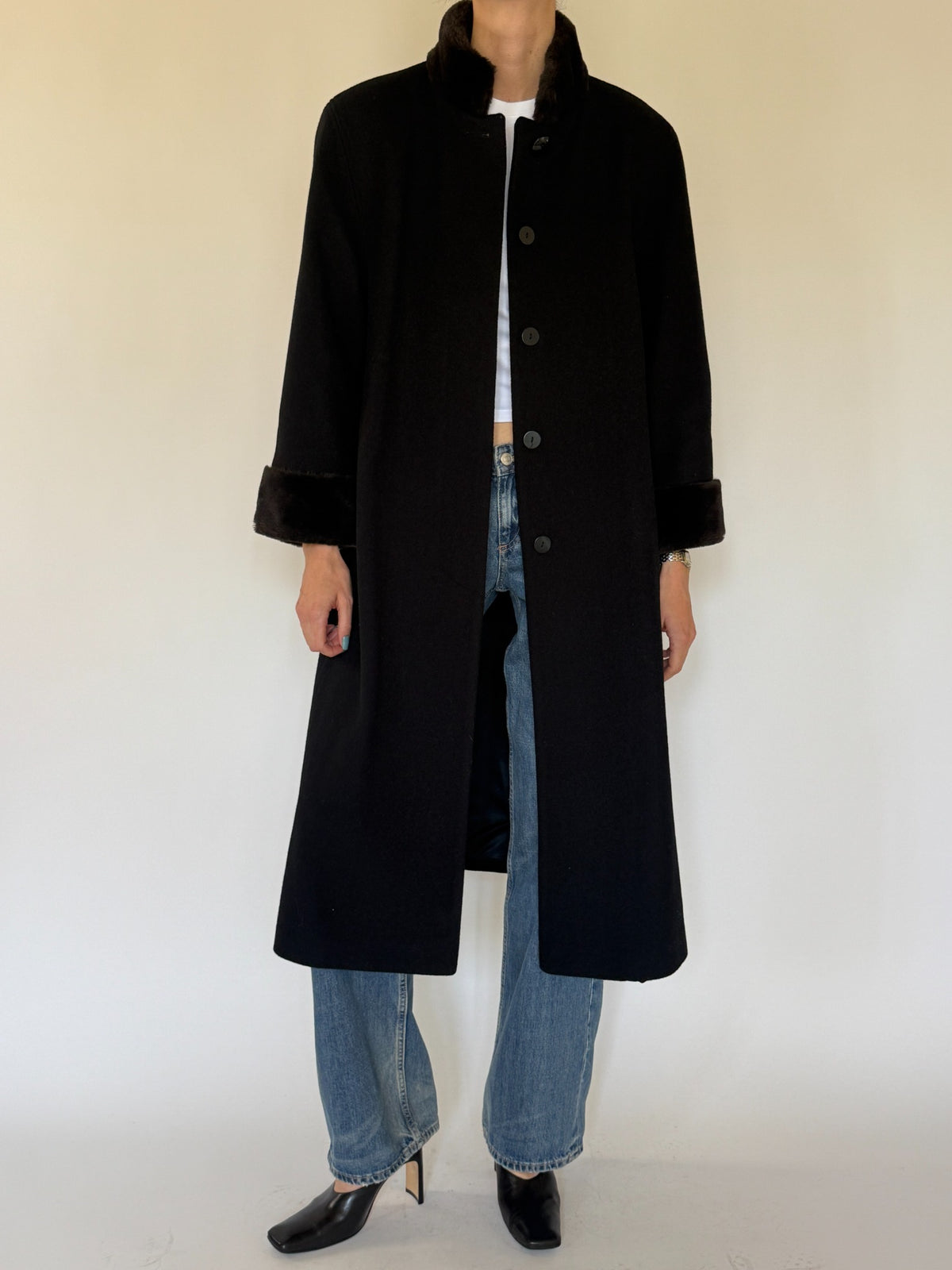 Vintage black wool coat front view with dark brown faux fur trim