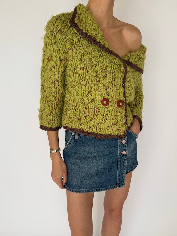 Vintage Chunky Hand-Knit Textured Sweater Green 6021